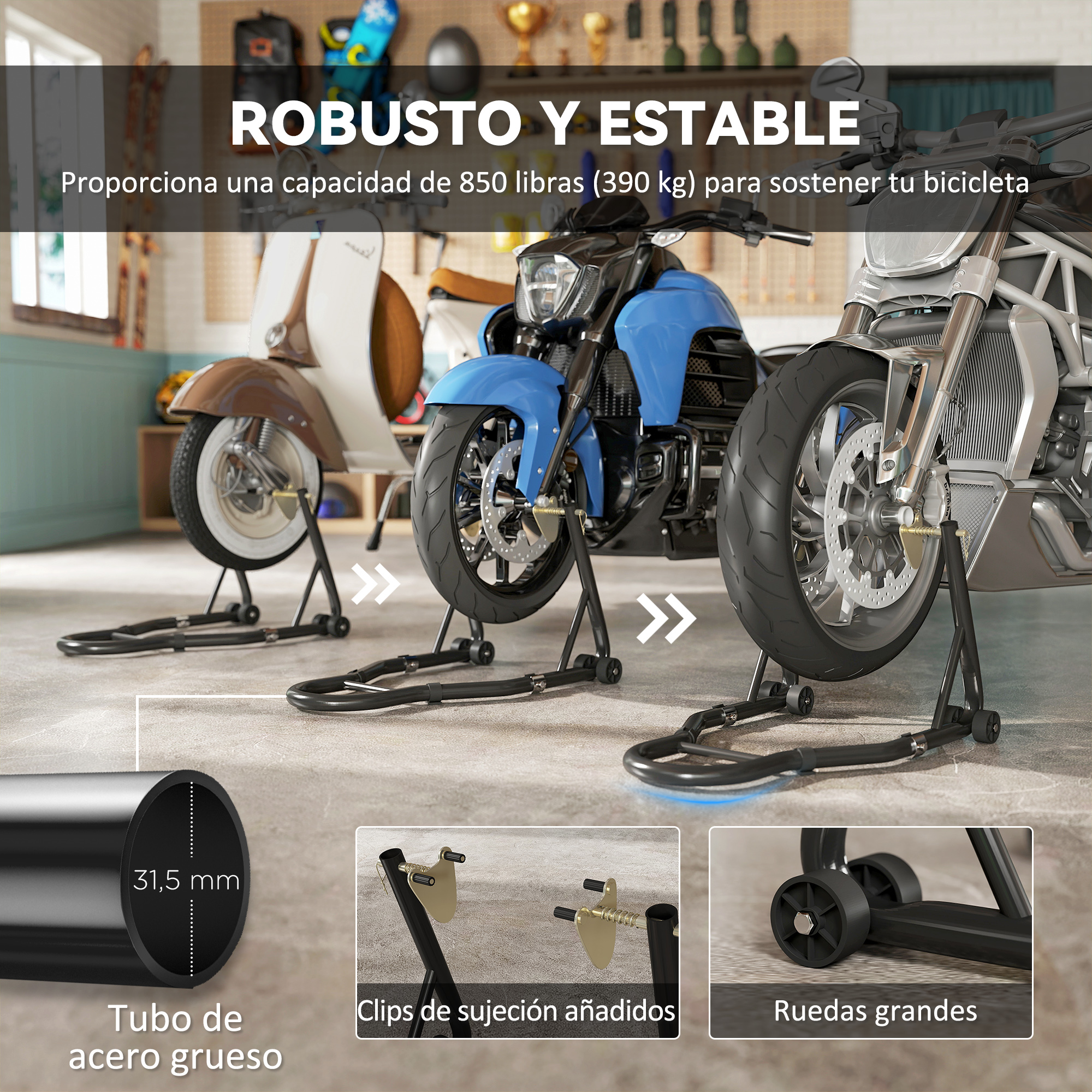 Tres motos en soportes resistentes en un garaje, con recuadros de detalles de tubos de acero, clips y ruedas.