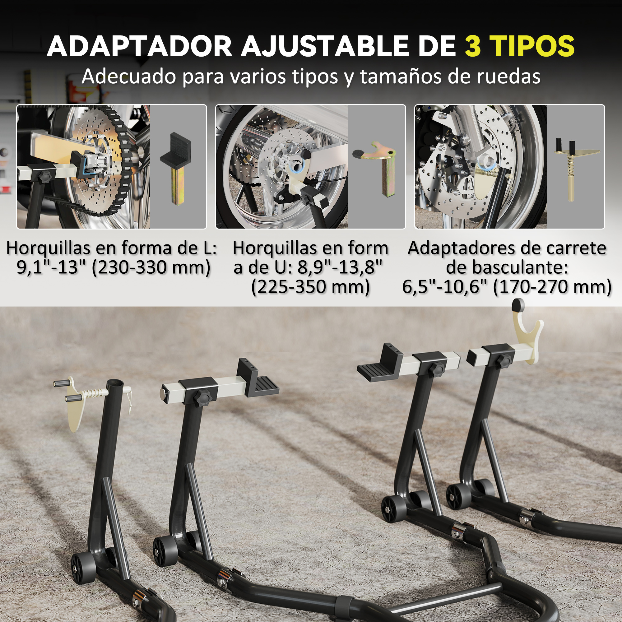 Soporte ajustable para moto con tres tipos de adaptadores para ruedas.