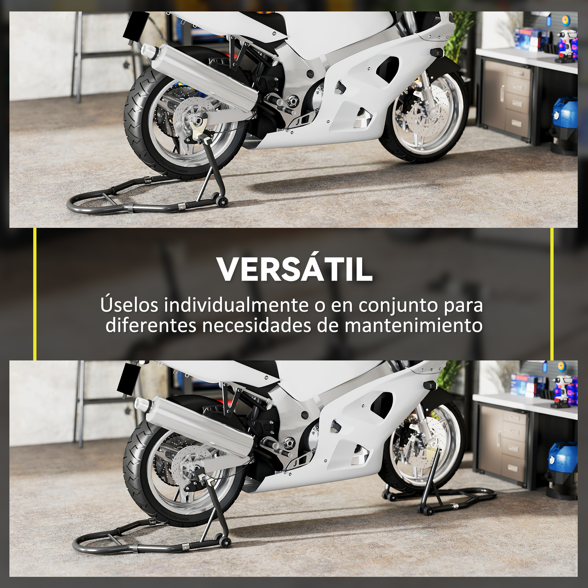 Una moto blanca sobre soportes de mantenimiento en un garaje, con texto publicitario en el centro.