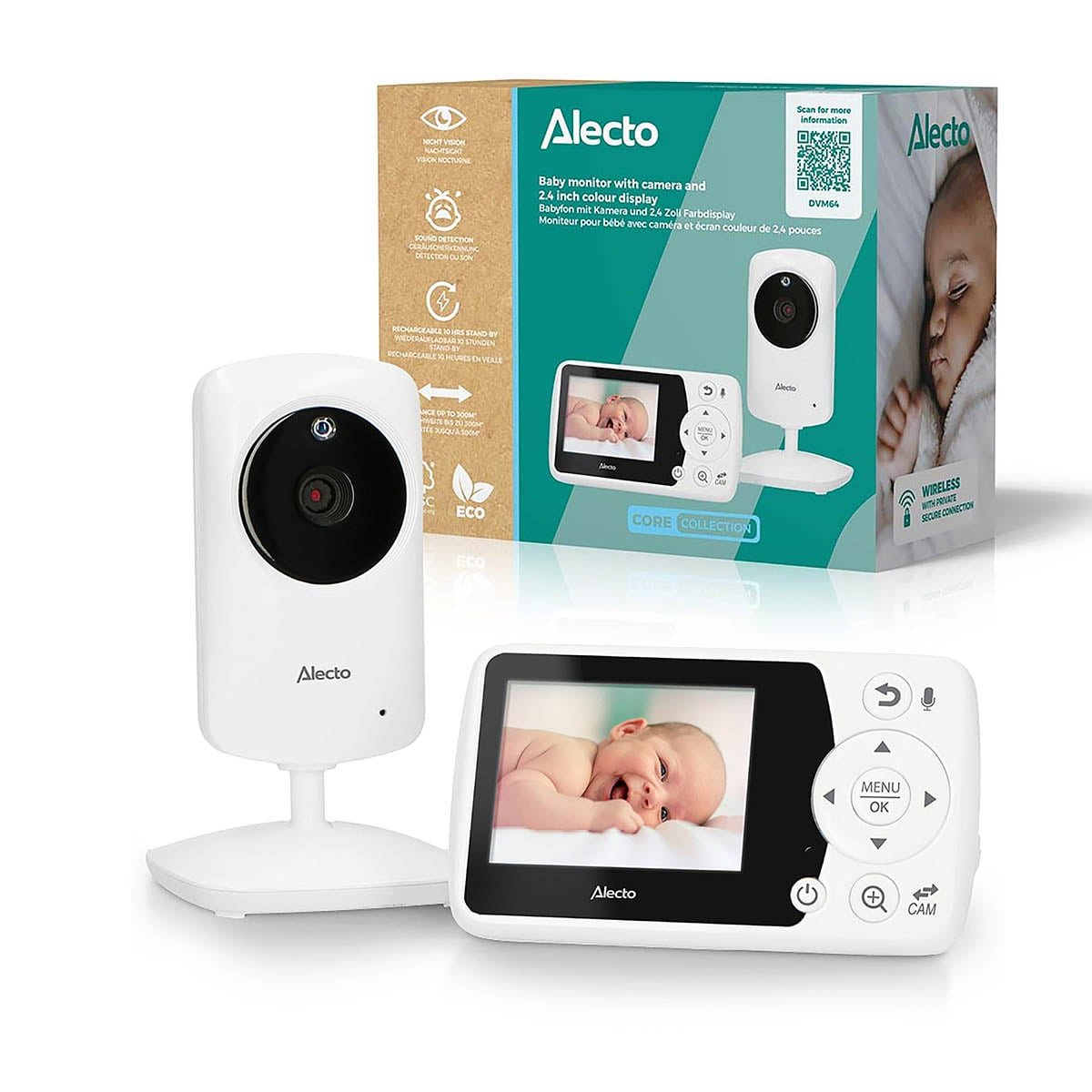 Alecto DVM64 babyfoon met camera, beeldscherm en verpakking op een witte achtergrond.
