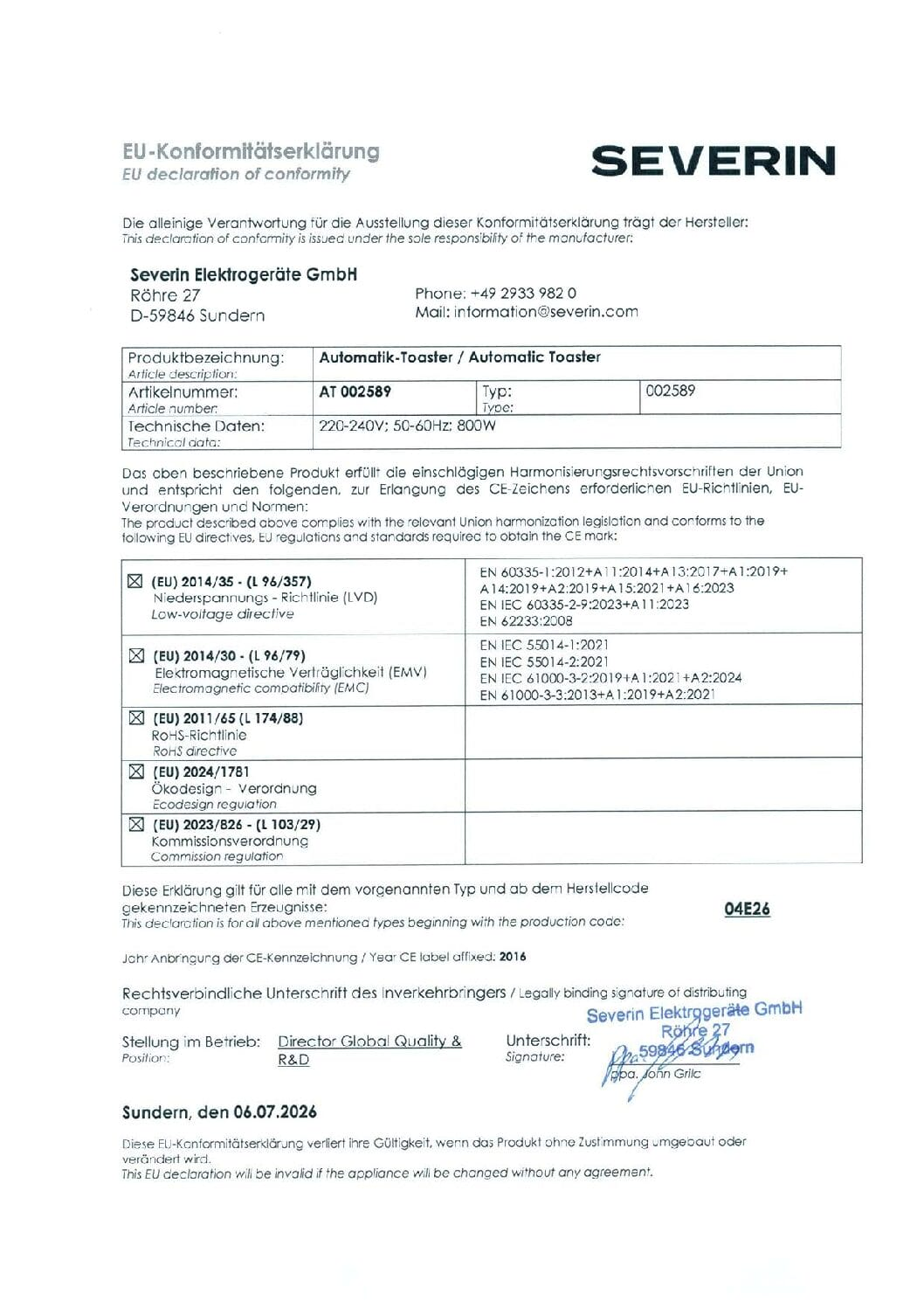 Deklaracja zgodności UE Severin dla automatycznego tostera z danymi technicznymi i podpisem.