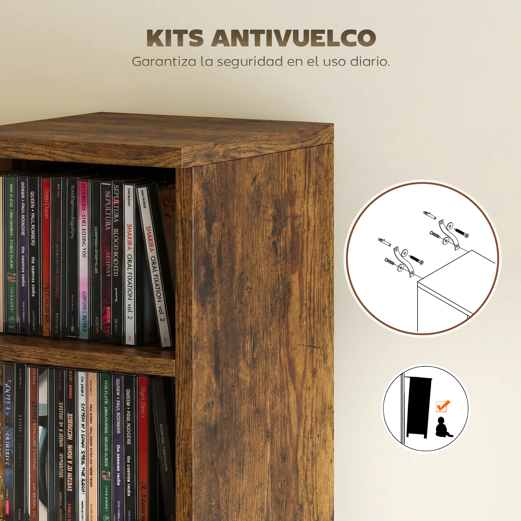 Una estantería de madera con libros y un diagrama de kit antivuelco en una pared clara.