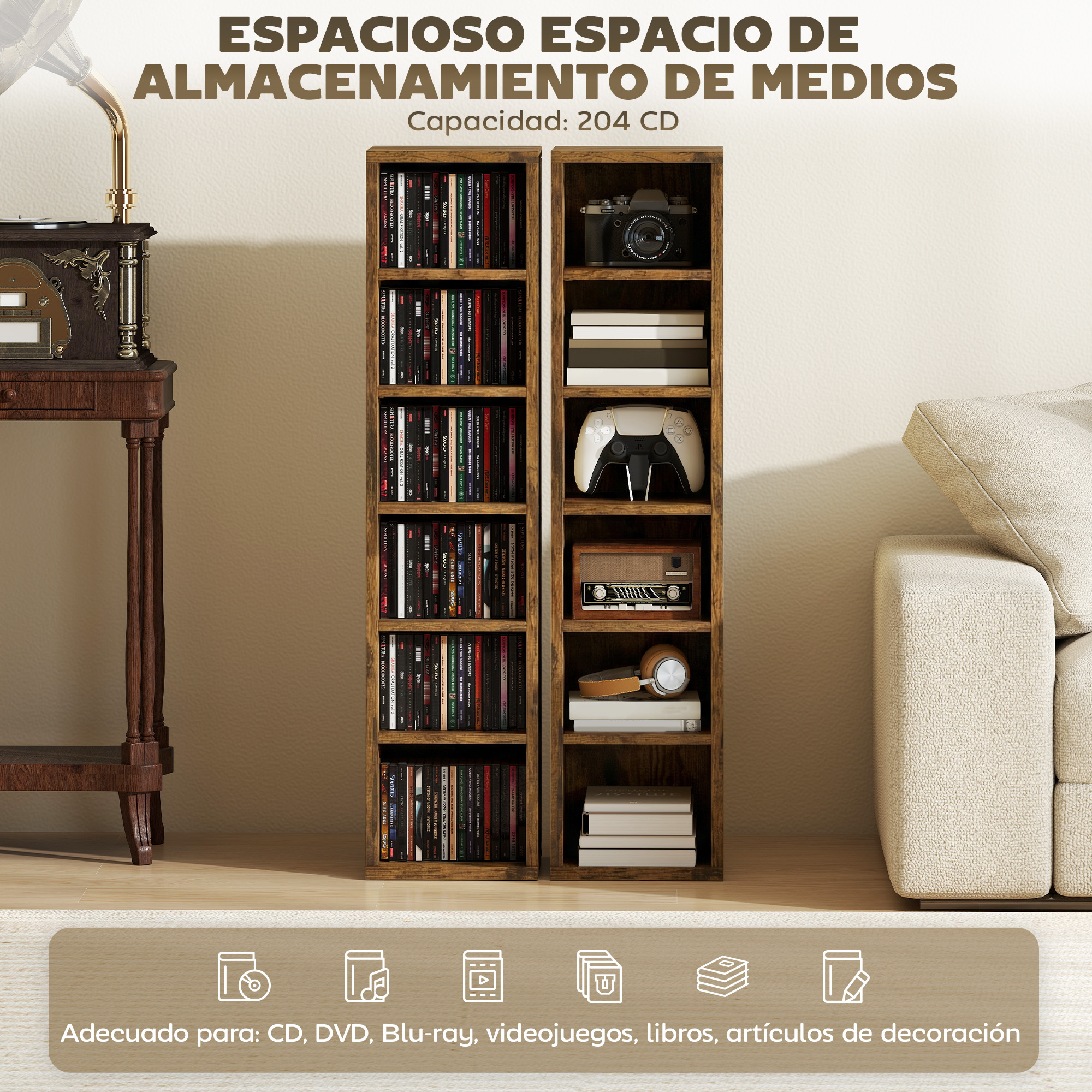 Dos torres multimedia de madera con CD, libros y decoración, entre una mesa auxiliar y un sofá.