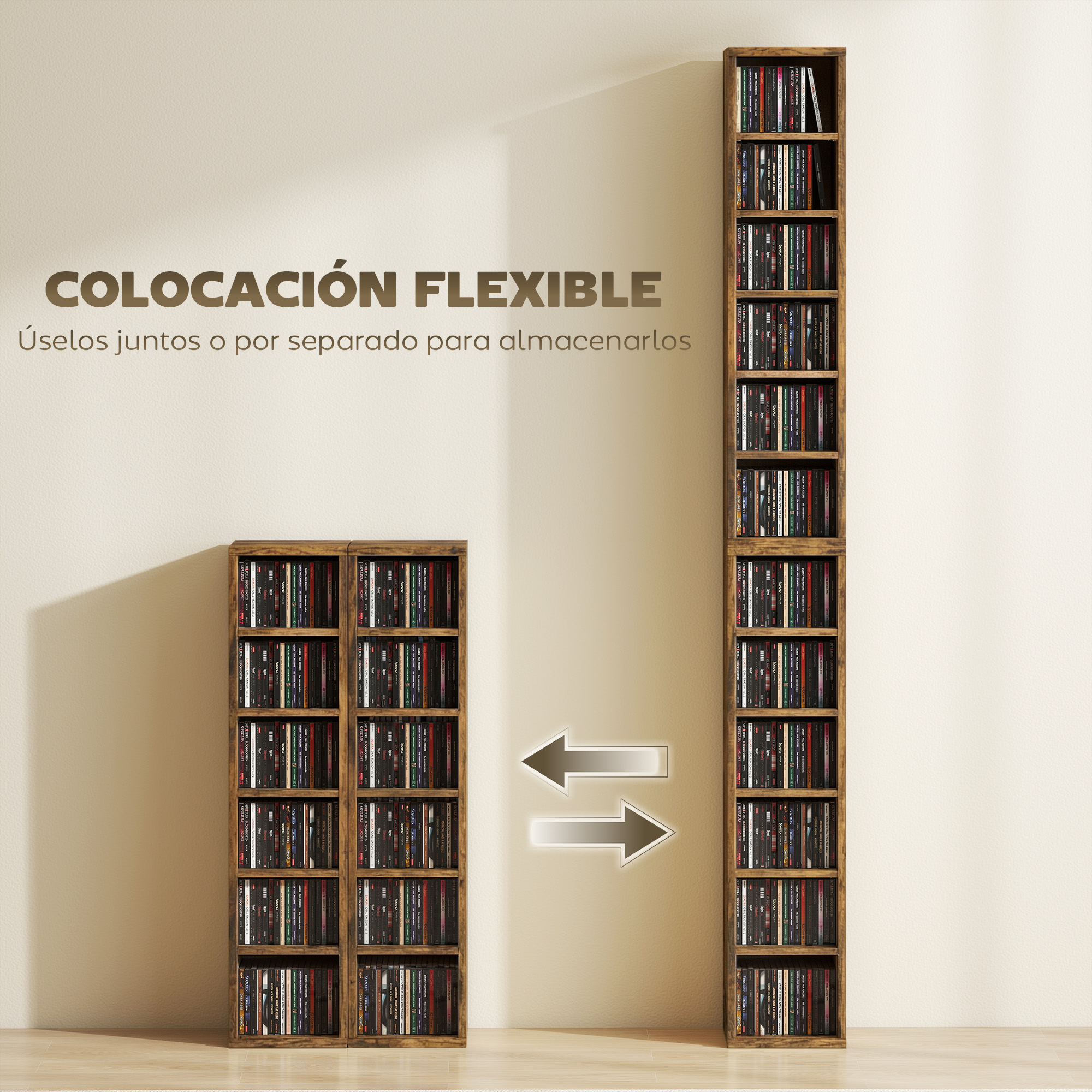 Estanterías de madera para multimedia, flexibles para apilar o colocar juntas ante una pared.