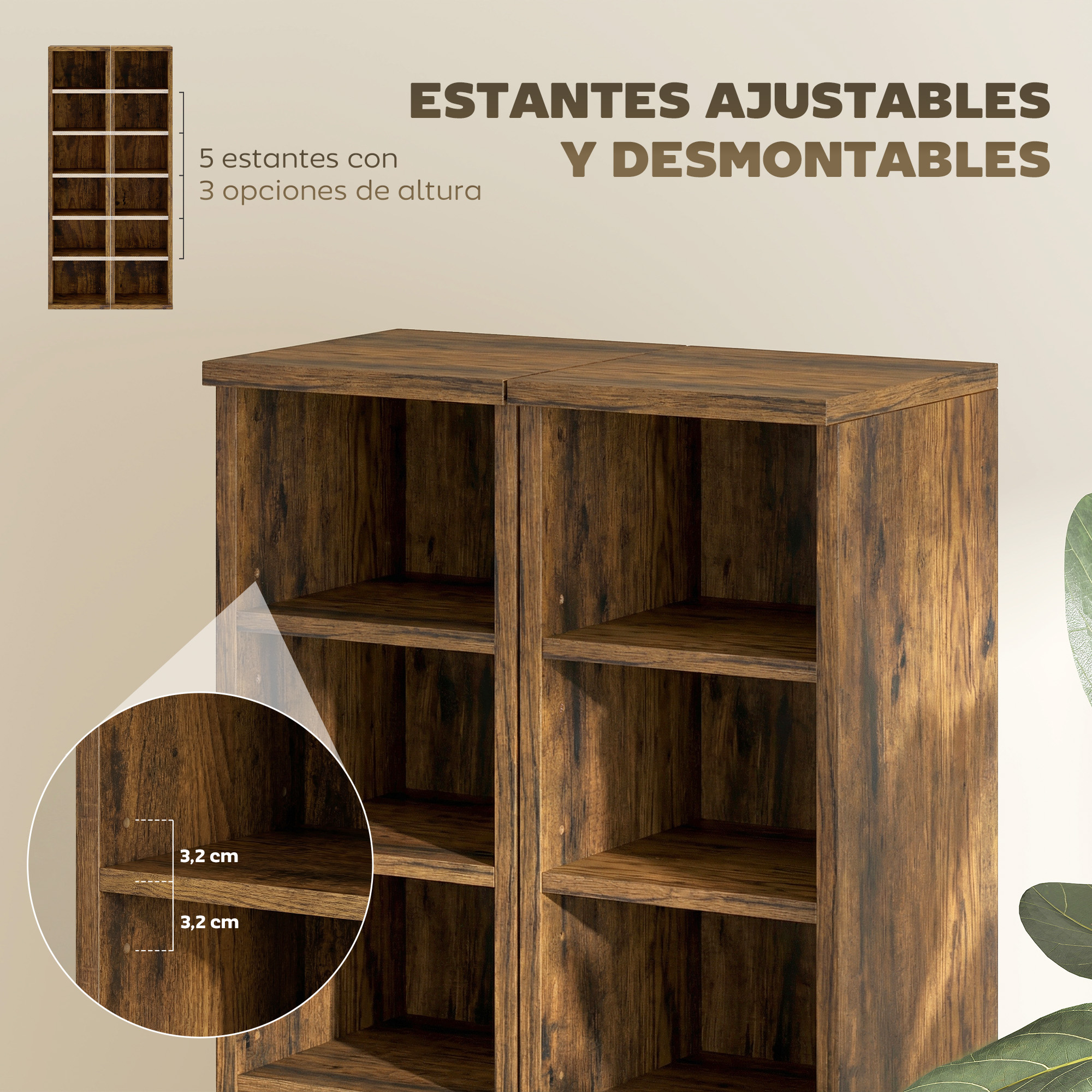 Dos estanterías de madera marrón con baldas ajustables y un zoom de las medidas de altura.