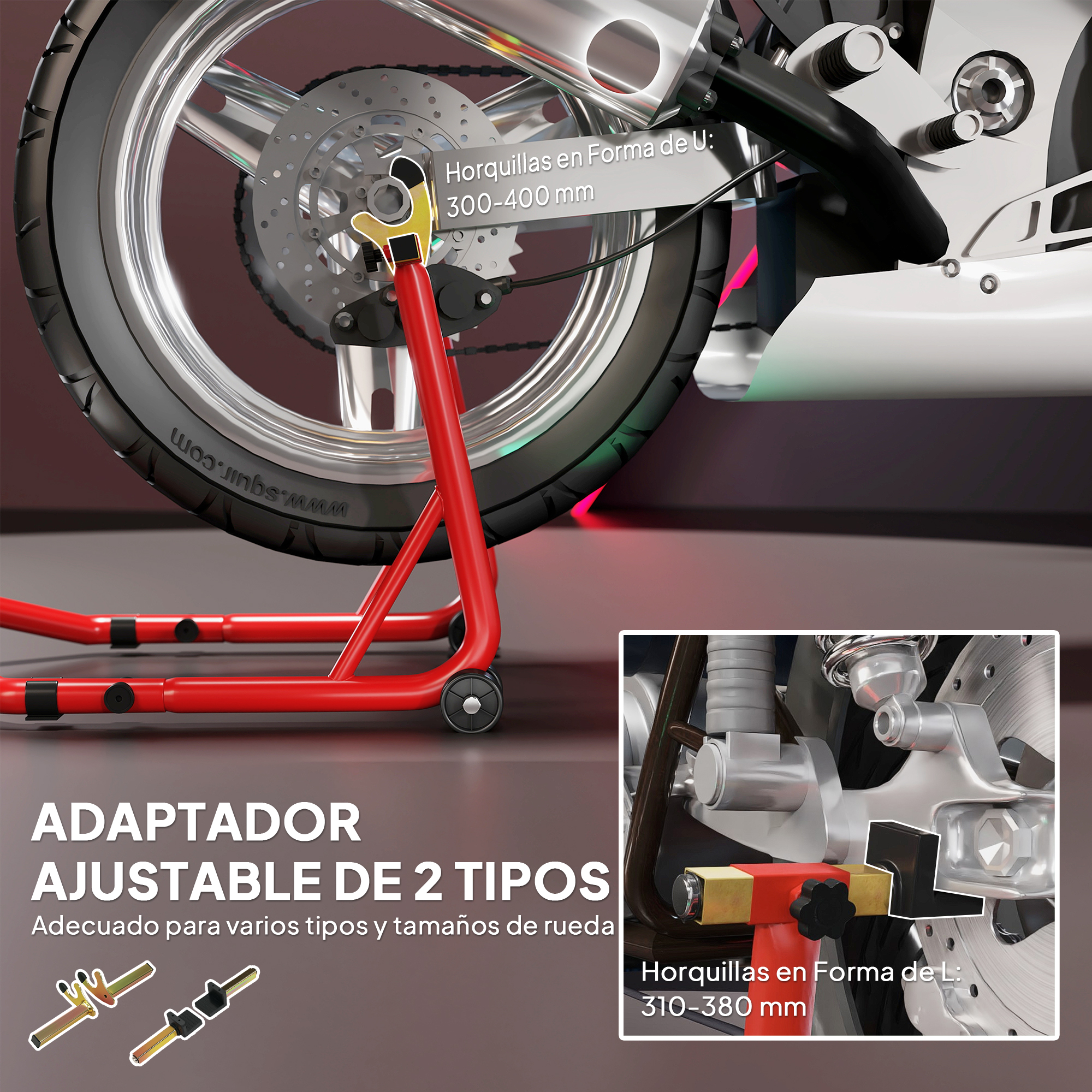 Caballete de moto rojo con adaptadores en forma de U y L para ruedas.