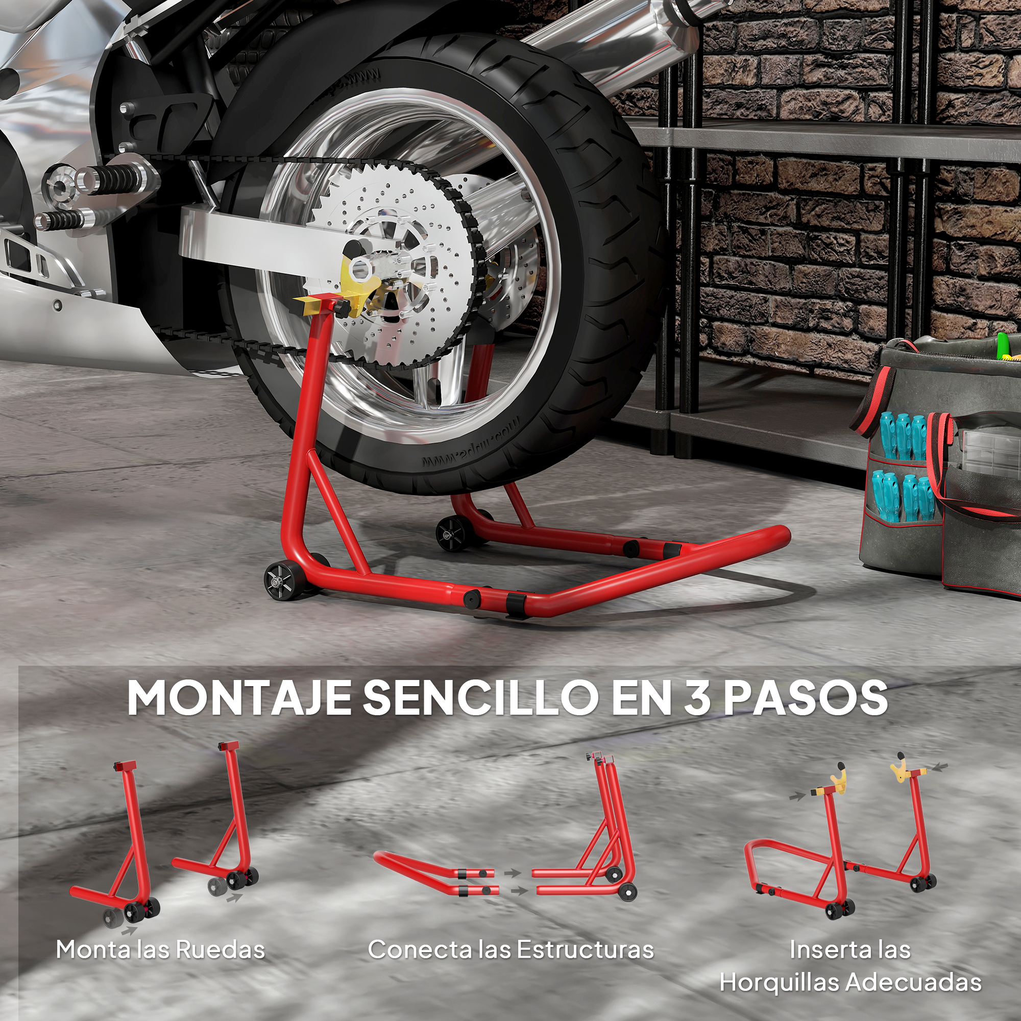Un soporte rojo para moto sostiene la rueda trasera de una motocicleta en un garaje.