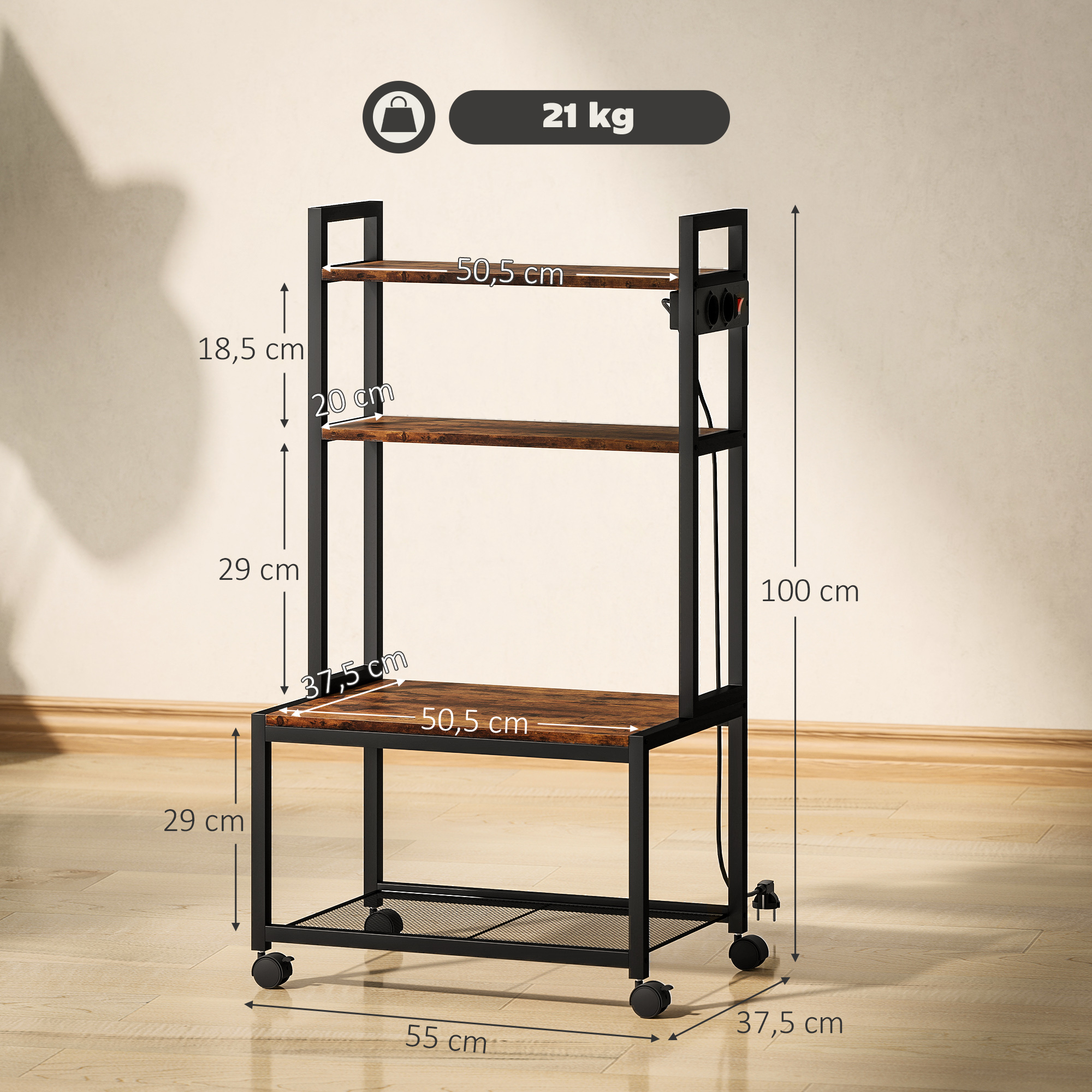 Estantería industrial de metal y madera con ruedas y medidas en cm.