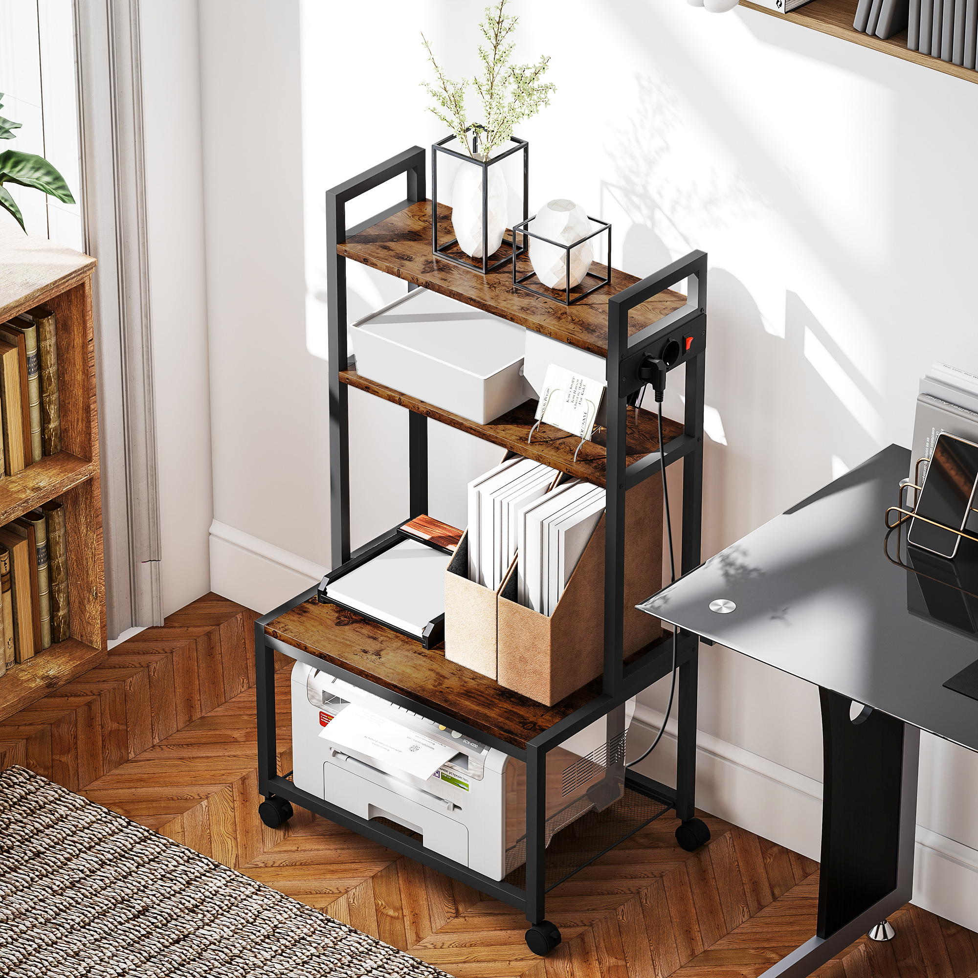 Un soporte para impresora de madera y metal con ruedas sostiene una impresora, cajas y archivadores.
