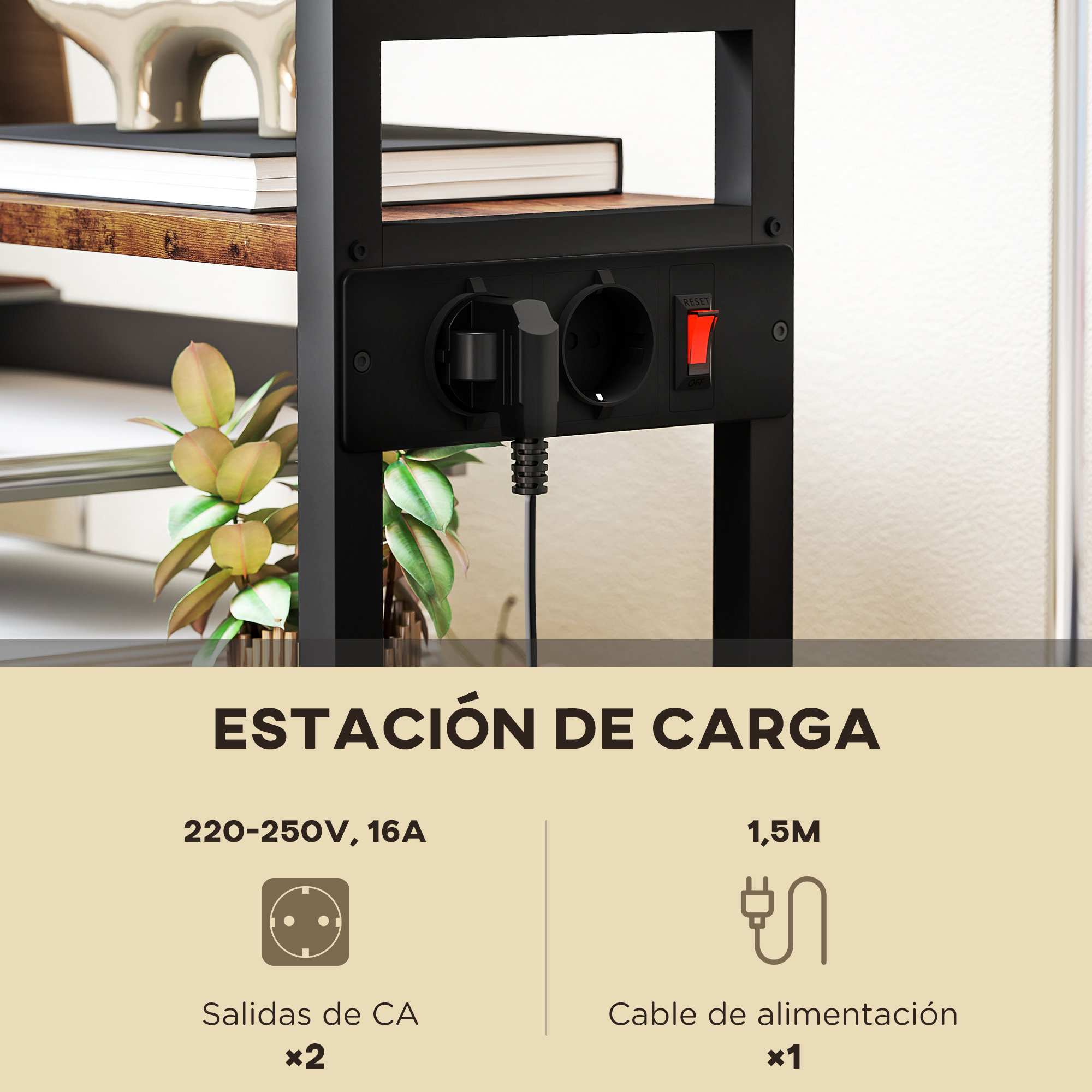 Regleta negra con dos enchufes y un interruptor rojo en un mueble, con texto de estación de carga.