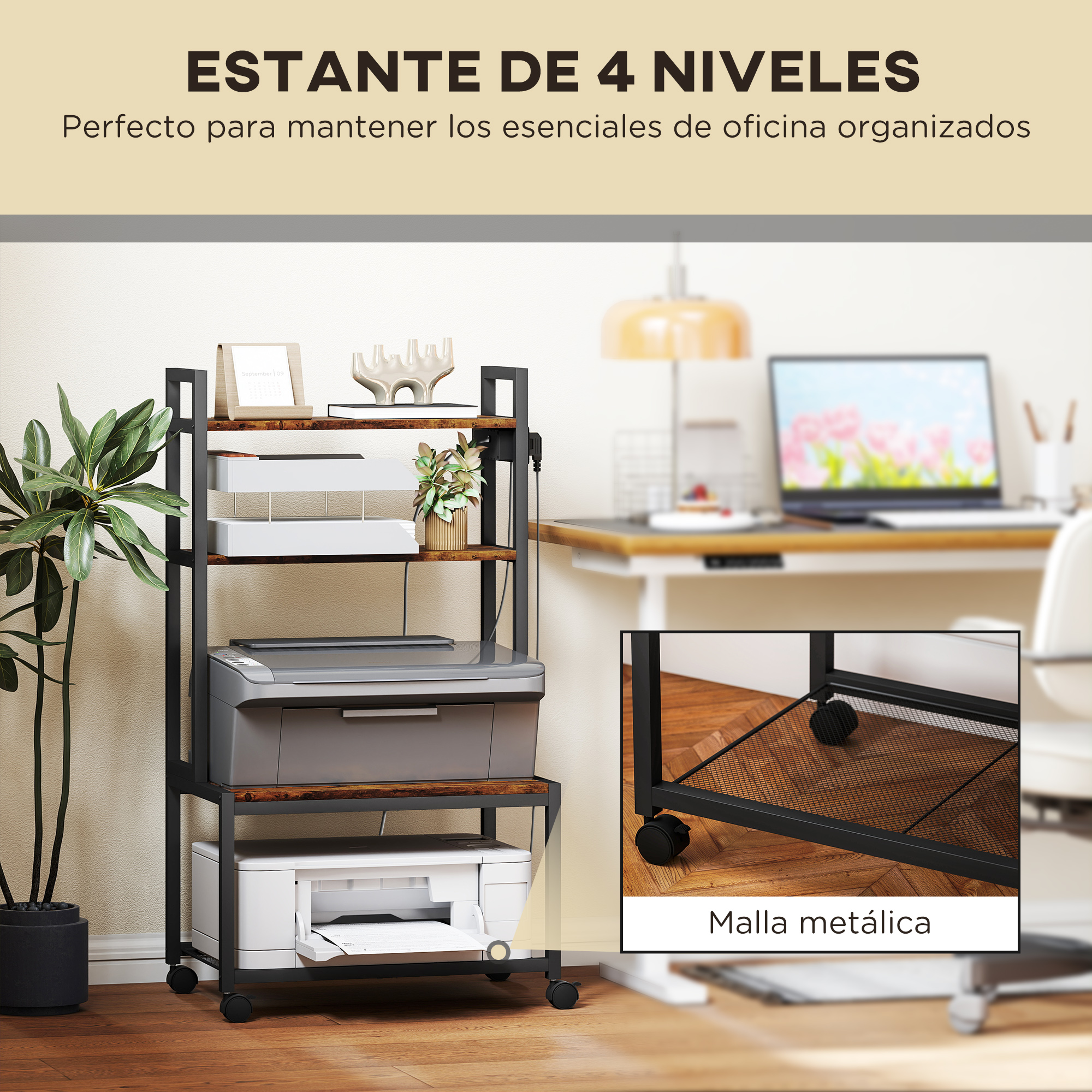Un carrito de oficina rodante de metal y madera de 4 niveles con impresoras.