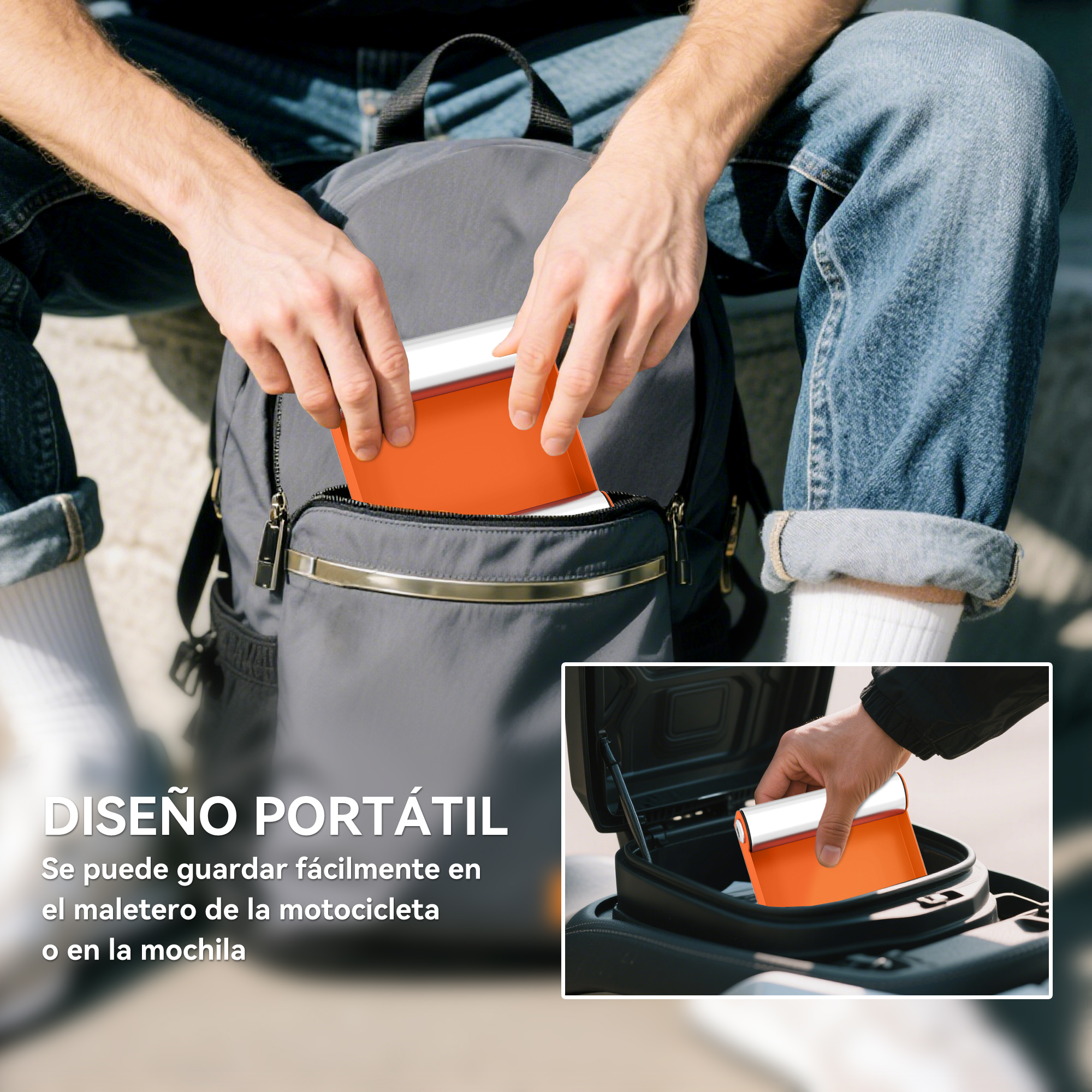 Una persona guarda un objeto naranja en la mochila, con un recuadro en el maletero de una moto.