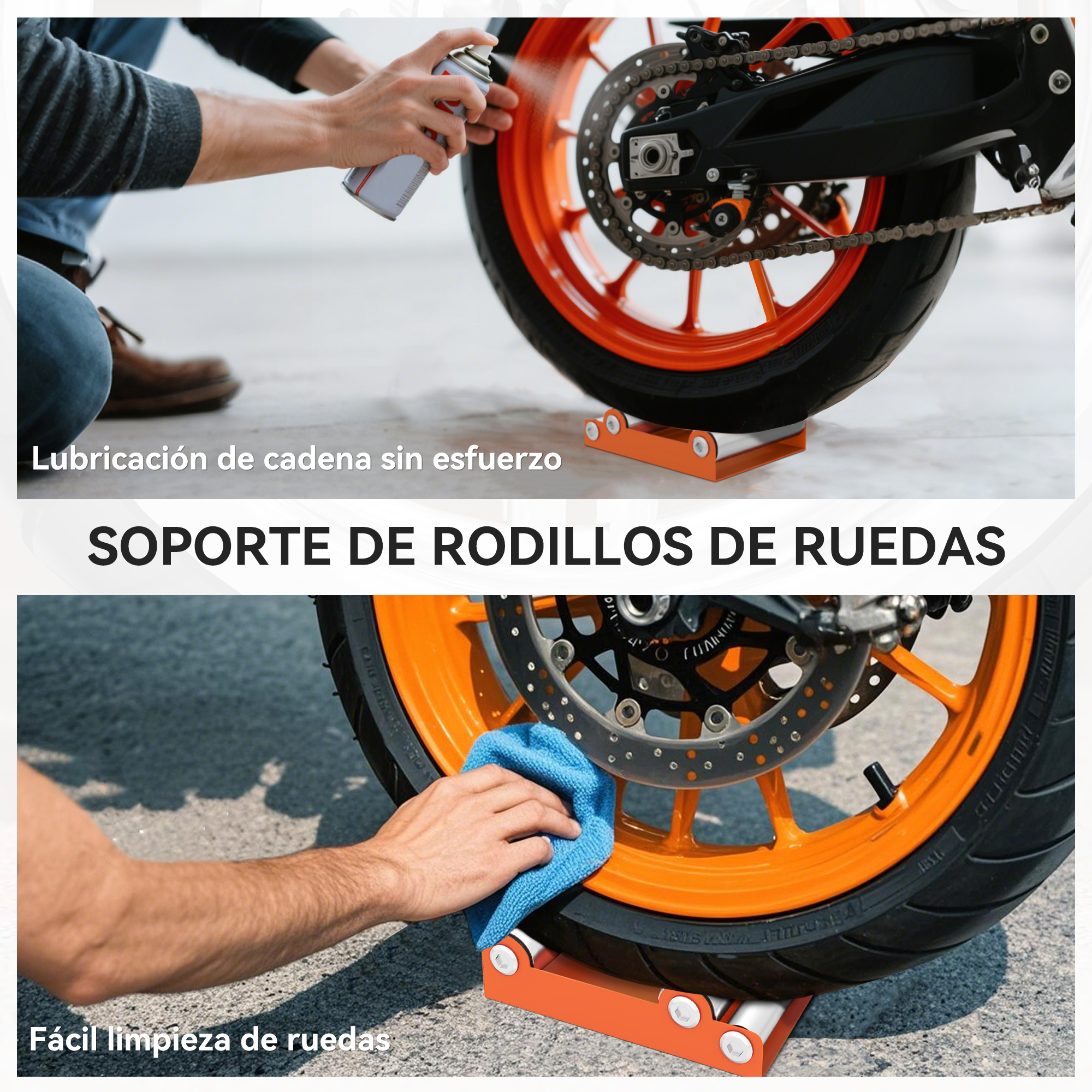 Lubricando cadena y limpiando rueda con paño azul en soporte naranja.