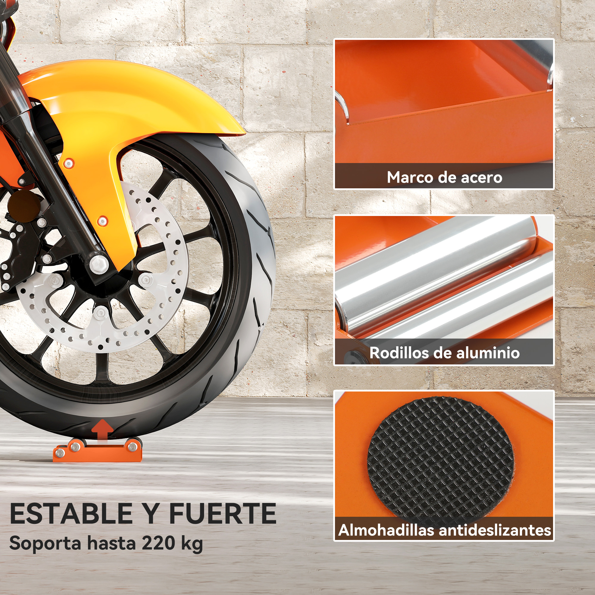 Caballete para rueda de moto naranja con marco de acero, rodillos de aluminio y almohadillas antideslizantes.
