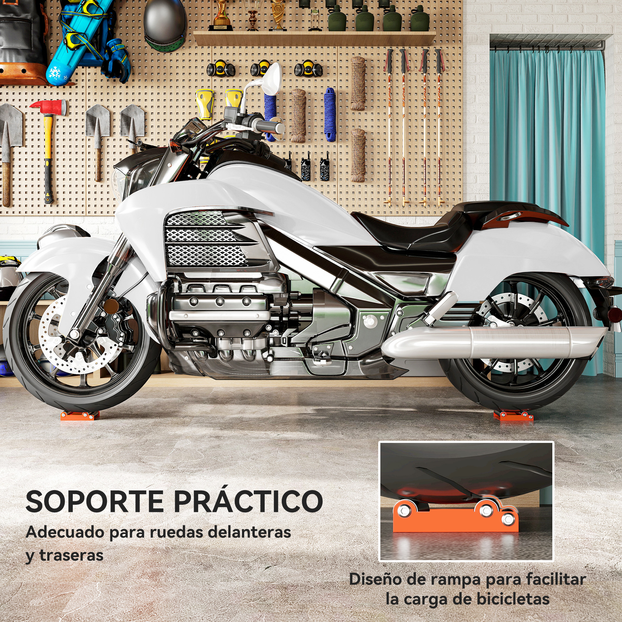 Una motocicleta blanca está en un garaje sobre soportes naranjas, con herramientas en la pared.