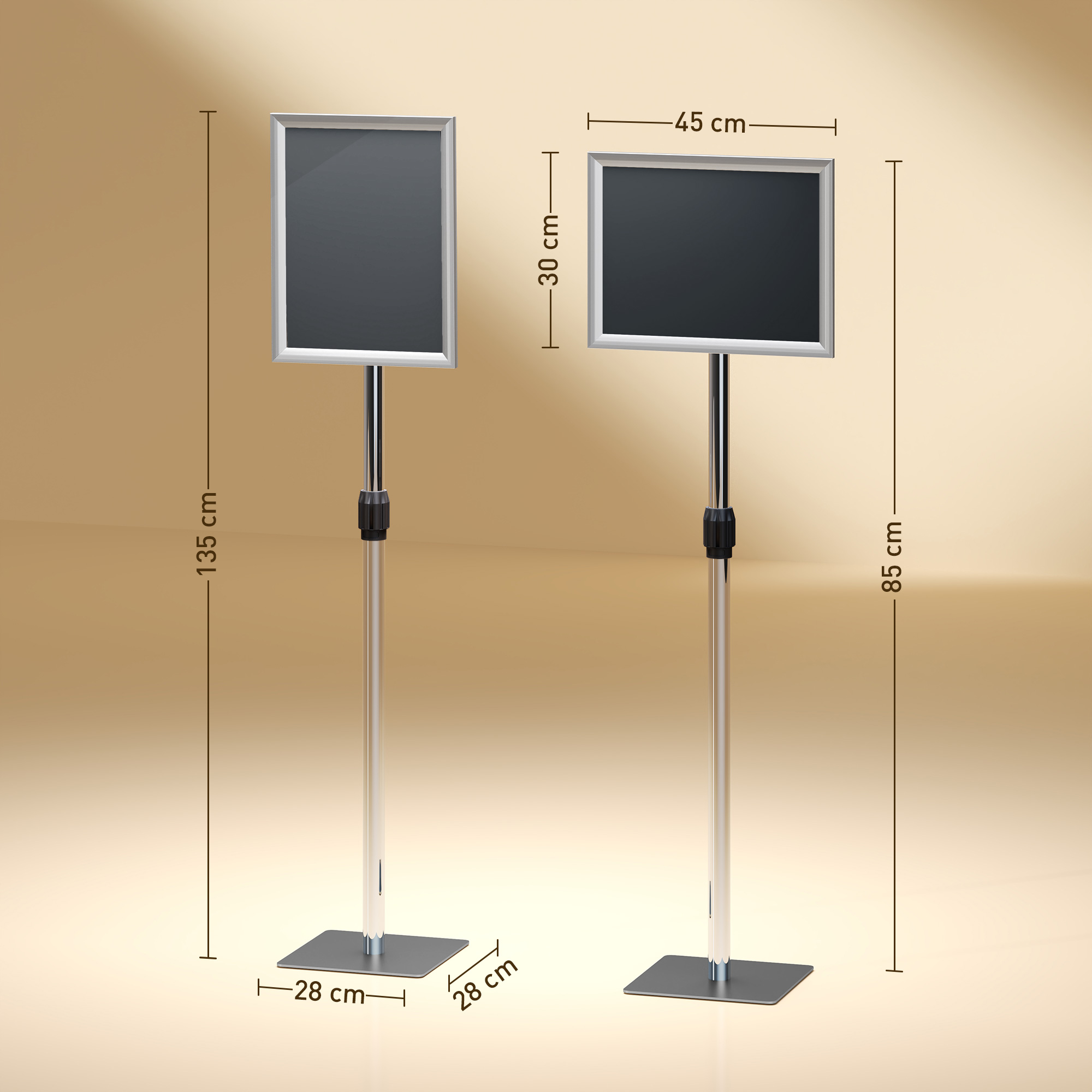 Dos soportes de póster plateados con dimensiones sobre fondo beige.