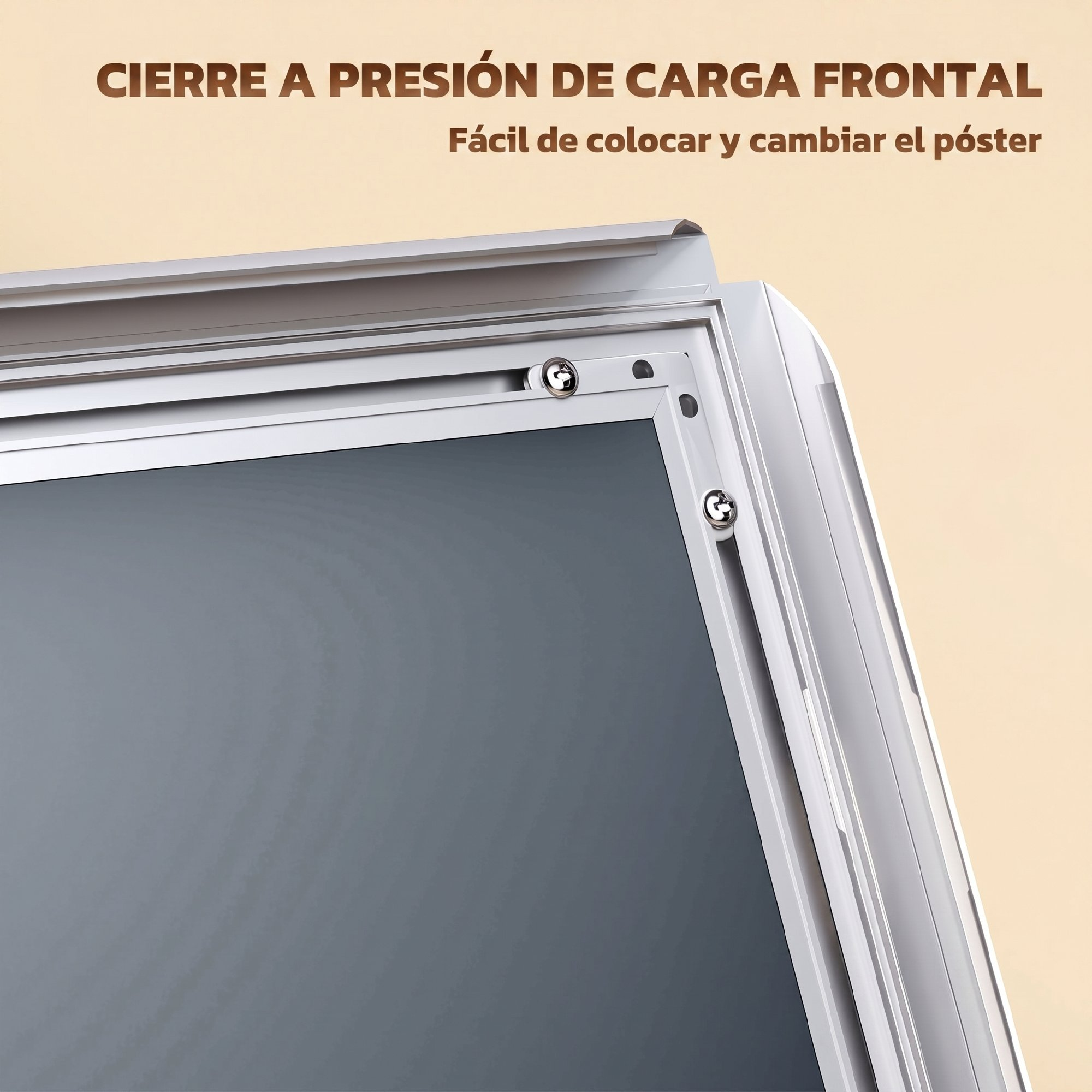 Primer plano de una esquina de marco de aluminio plateado con tornillos y cubierta protectora.
