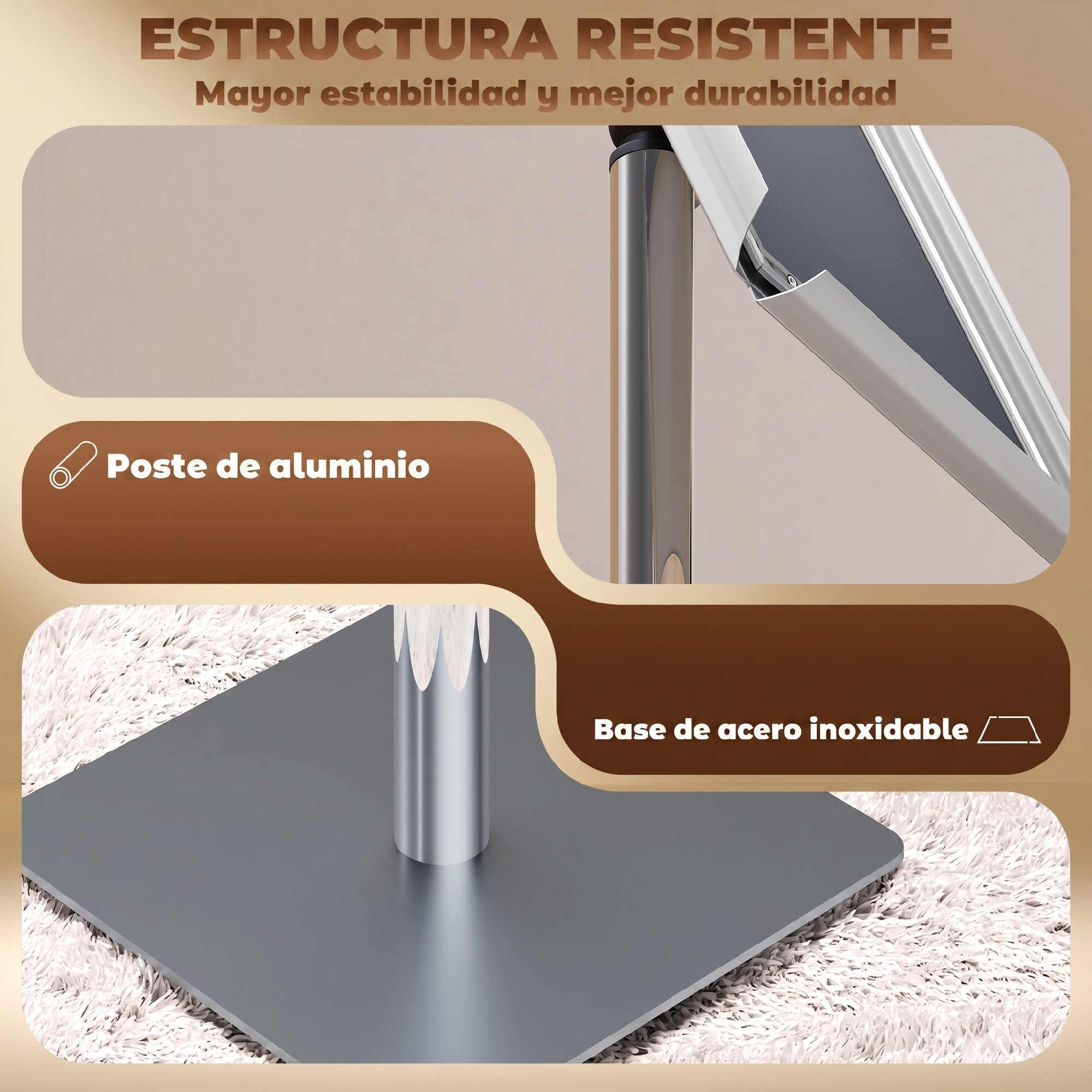 Base de acero resistente y poste de aluminio de un soporte.