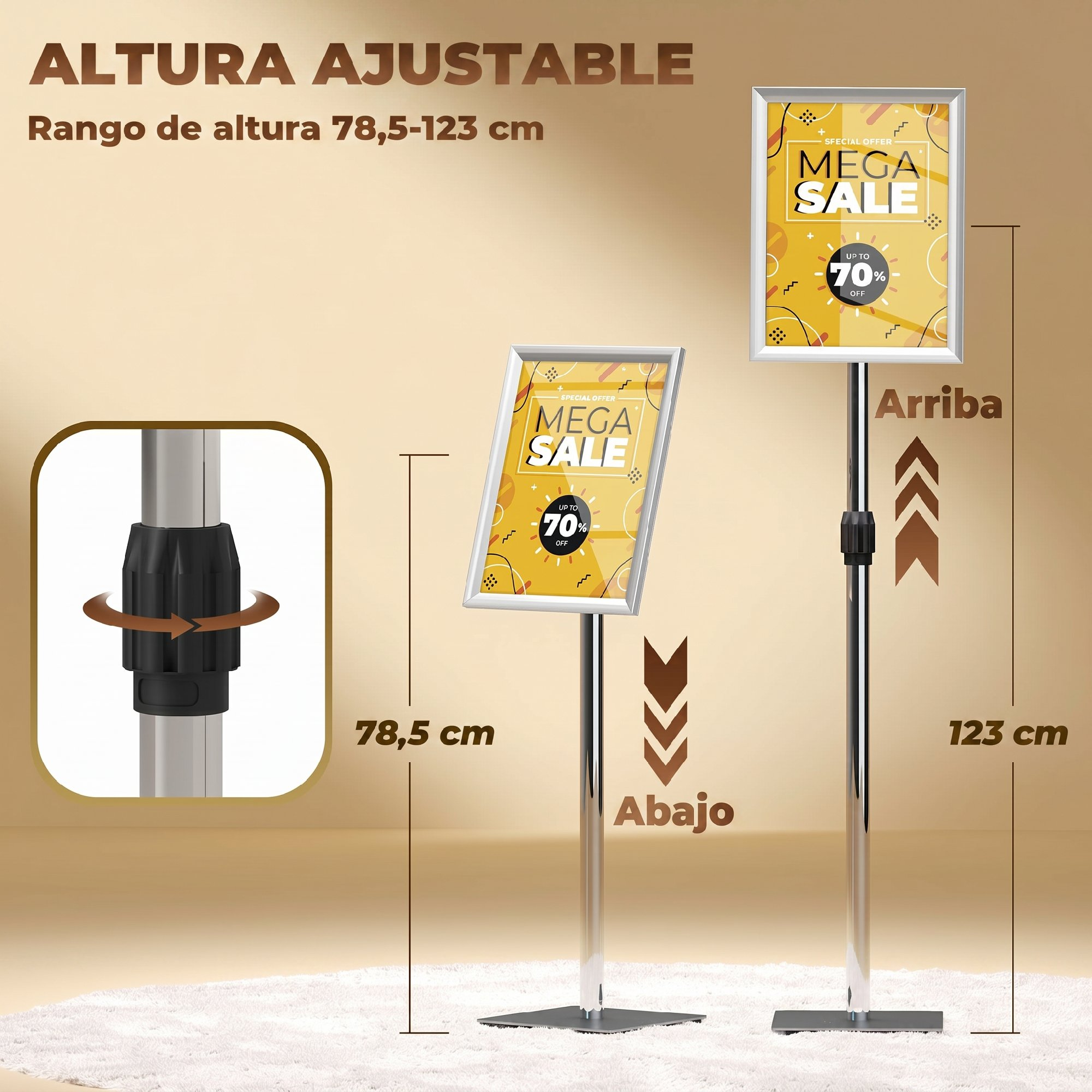Soporte de metal ajustable para carteles con altura de 78,5 a 123 cm.