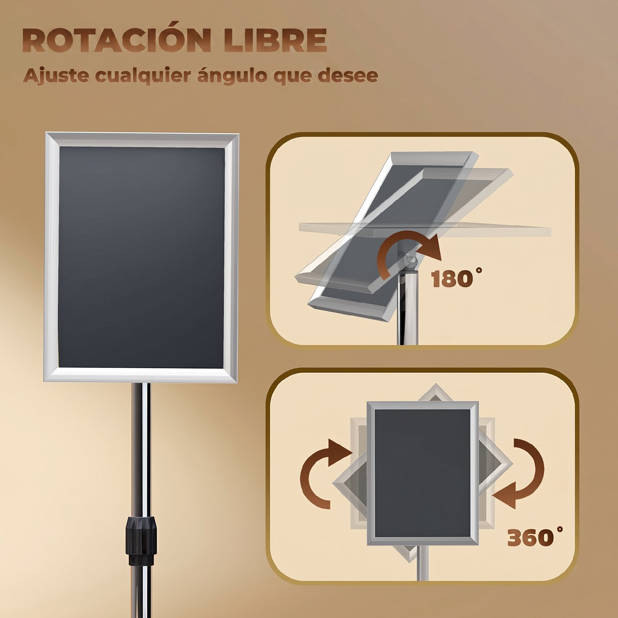 Un soporte para carteles con funciones de rotación de 180 y 360 grados.