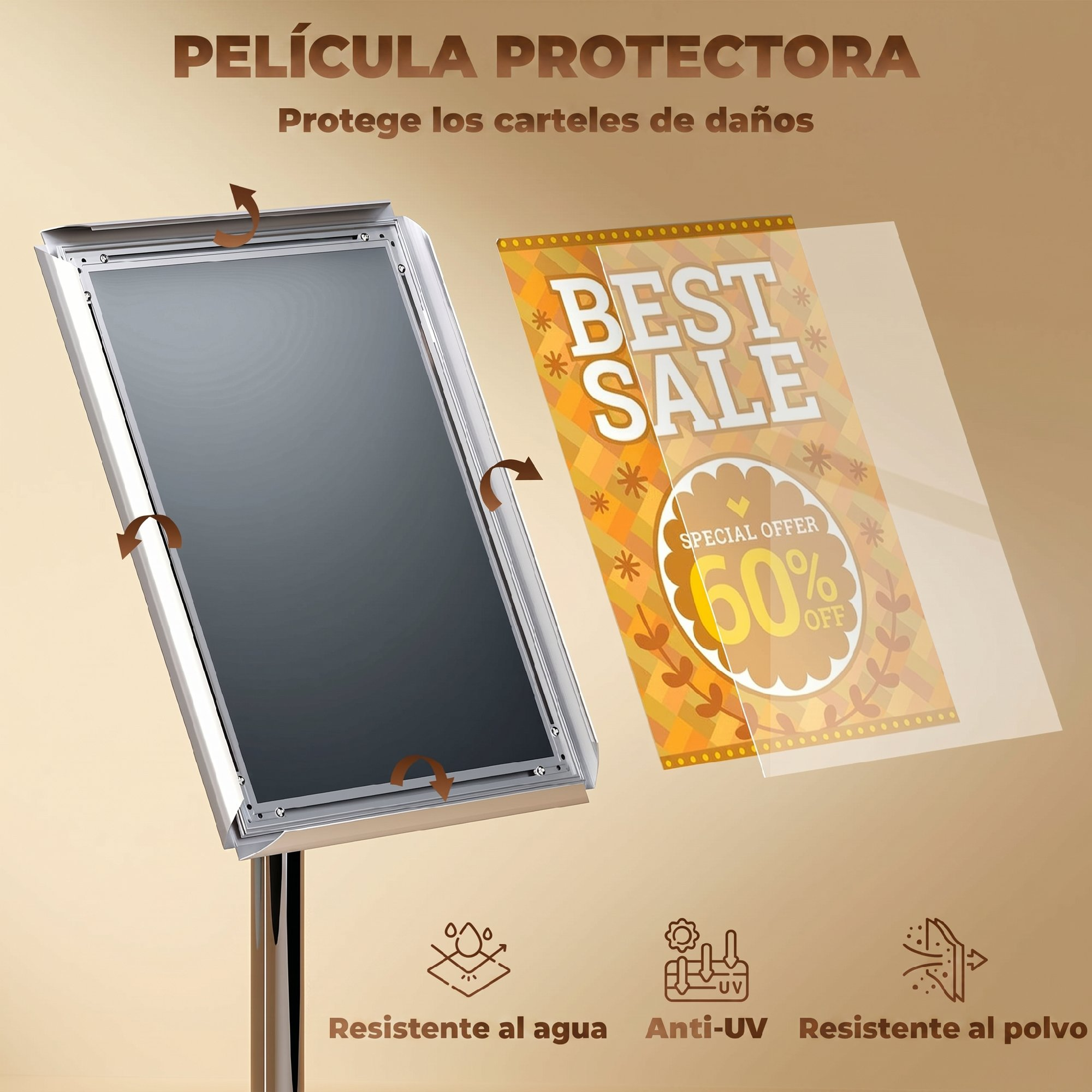 Un soporte de exhibición plateado muestra una película protectora que cubre un cartel con Best Sale y 60% de descuento.
