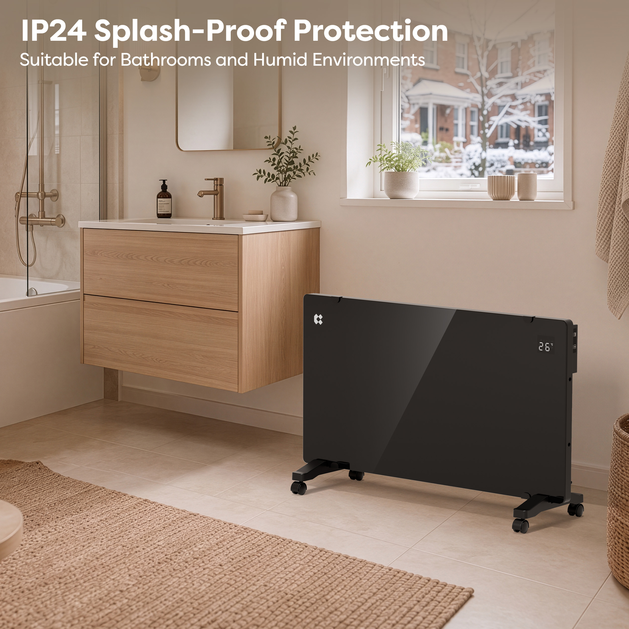 Un riscaldatore in vetro nero con ruote in un bagno moderno e luminoso, con mobili in legno e una finestra innevata.