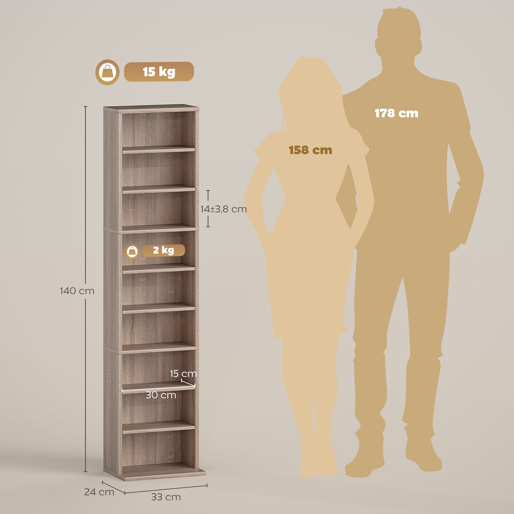 Librería de madera con dimensiones, peso y dos siluetas humanas para escala.