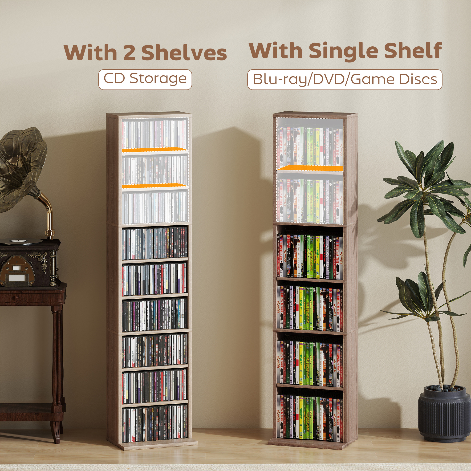 Dos torres de madera altas para CD y DVD están una al lado de la otra en una habitación, junto a un gramófono y una planta.
