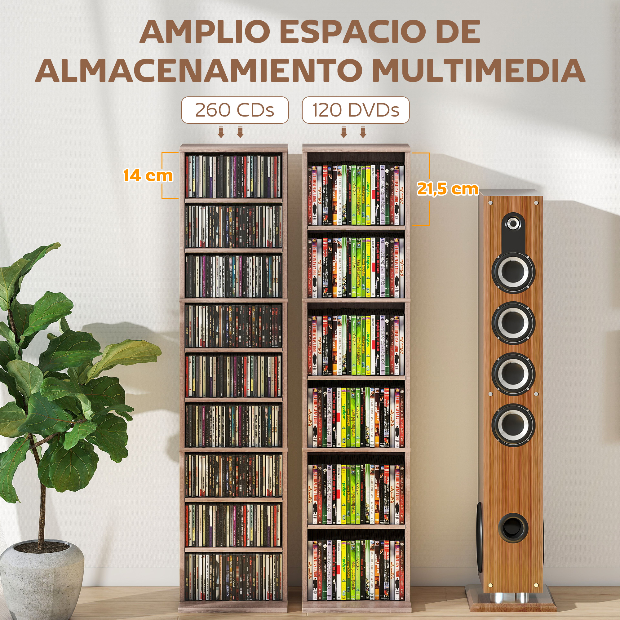 Dos torres multimedia de madera con CDs y DVDs, un altavoz alto y una planta en maceta en una habitación luminosa.