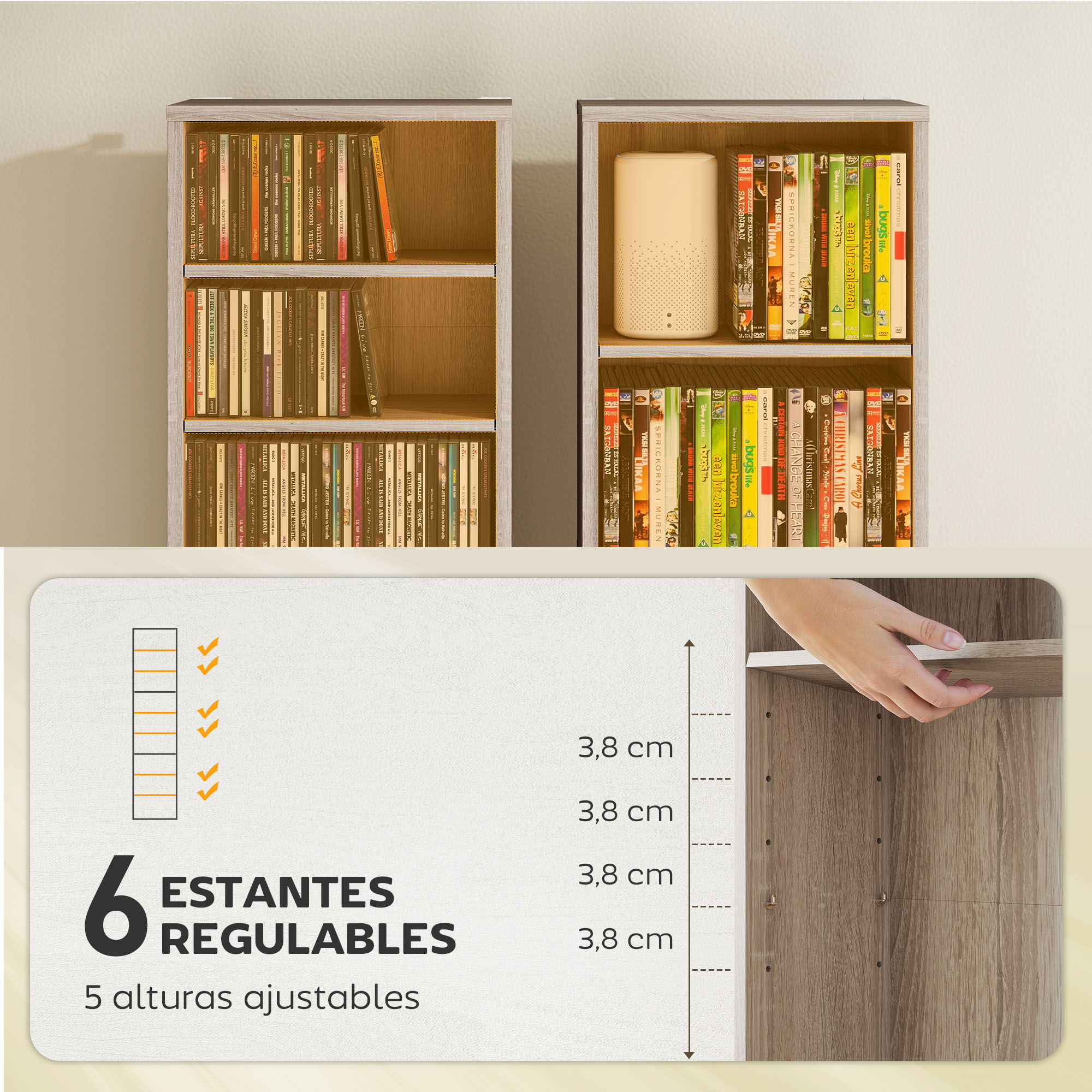 Dos estanterías con 6 estantes regulables y 5 alturas ajustables de 3,8 cm.