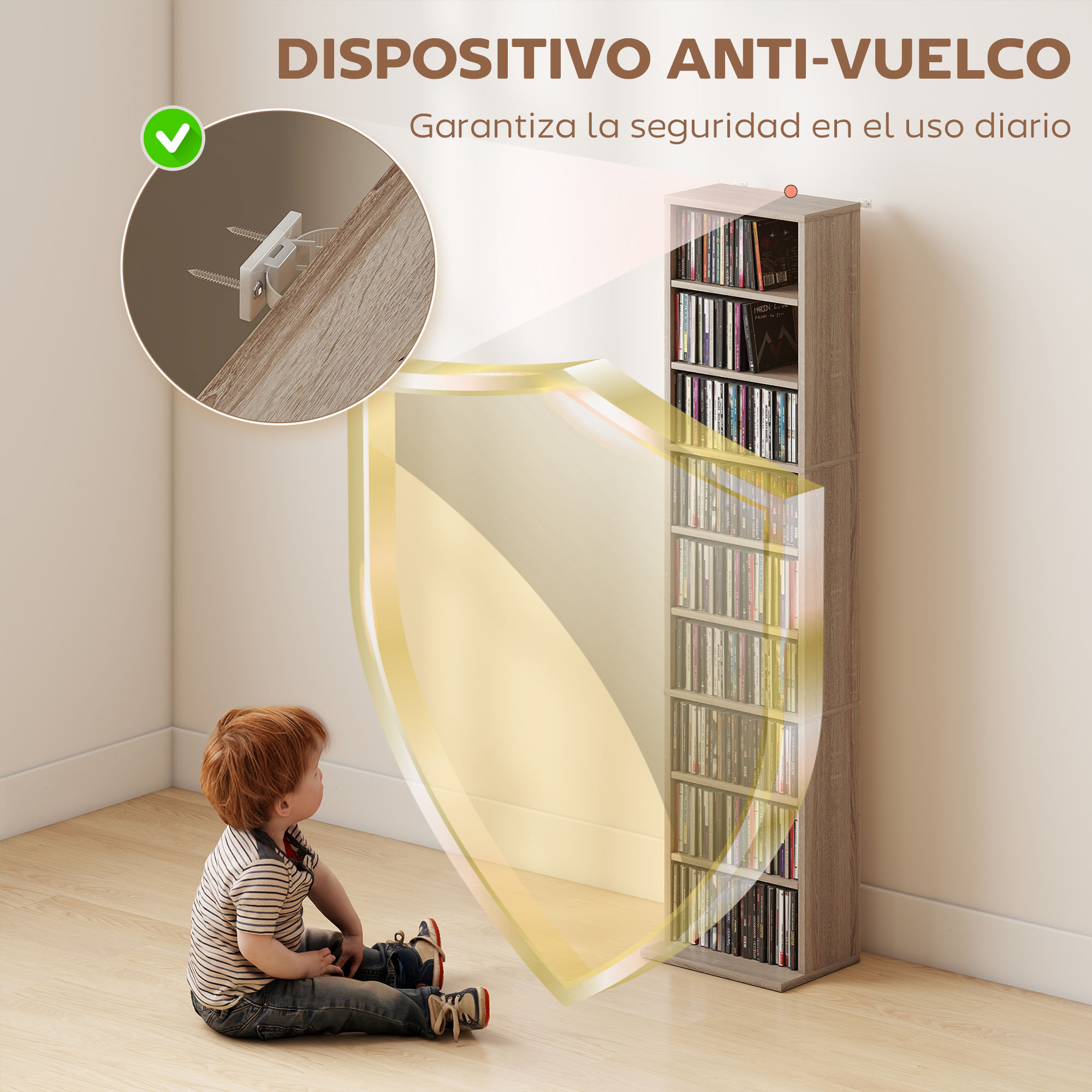 Niño sentado ante estantería de CD con dispositivo antivuelco, protegido por escudo.