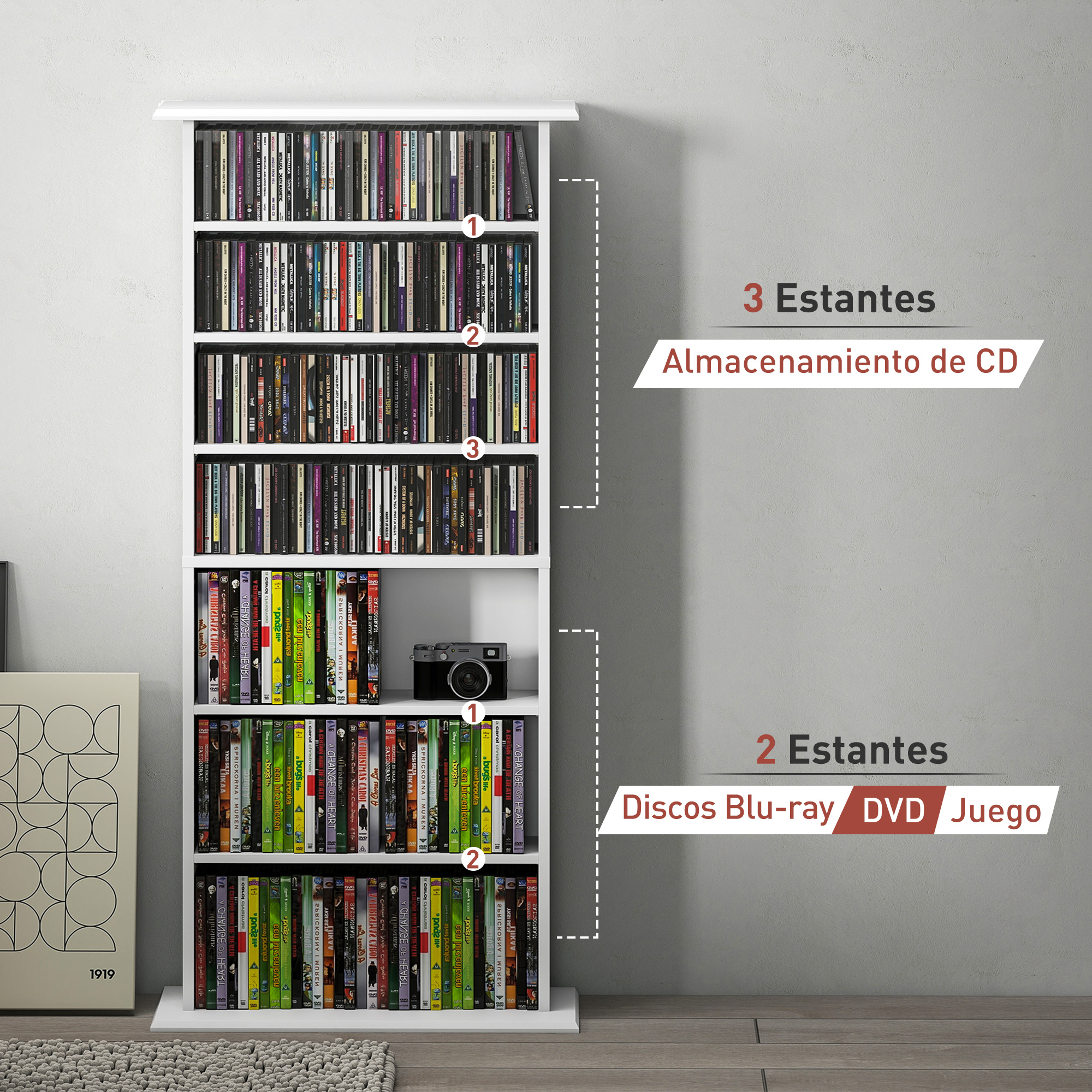 Una torre multimedia blanca con 3 estantes de CD y 2 de DVD y Blu-ray contra una pared gris.