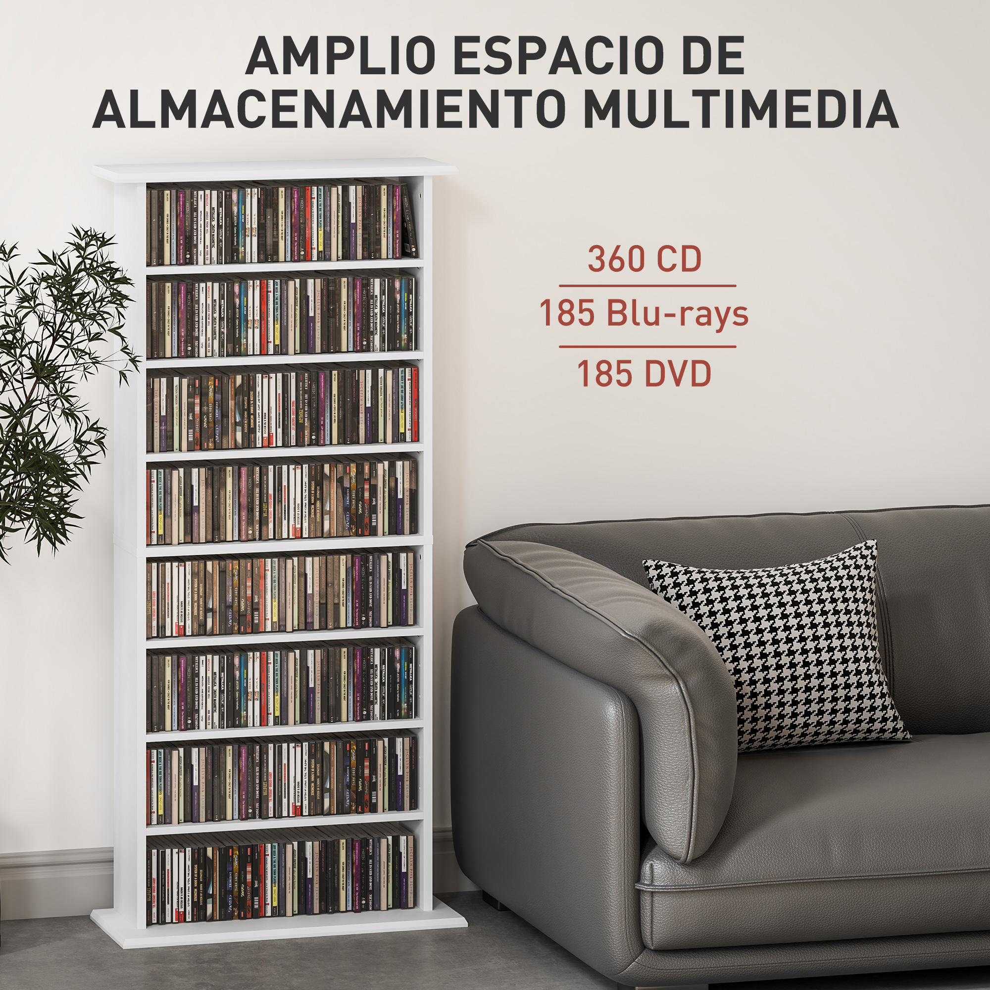 Una estantería multimedia blanca llena de discos junto a un sofá gris con cojín en blanco y negro.