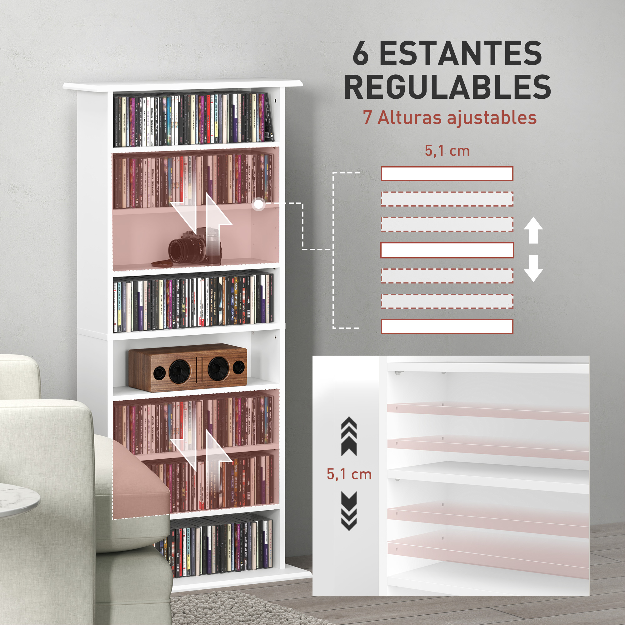 Estantería blanca con seis estantes ajustables, llena de cedés y un altavoz de madera.