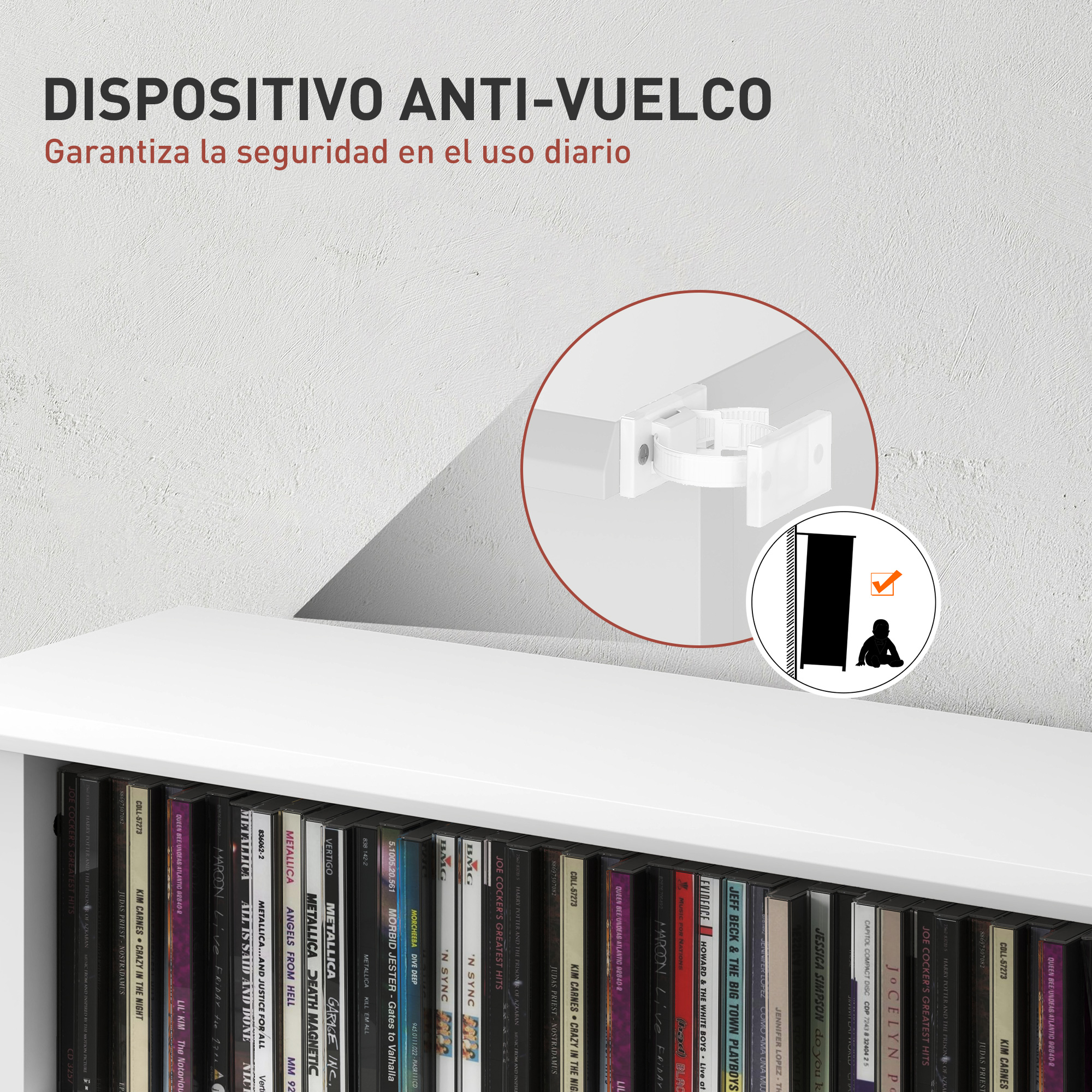 Dispositivo antivuelco para muebles, mostrado en un armario con CDs.