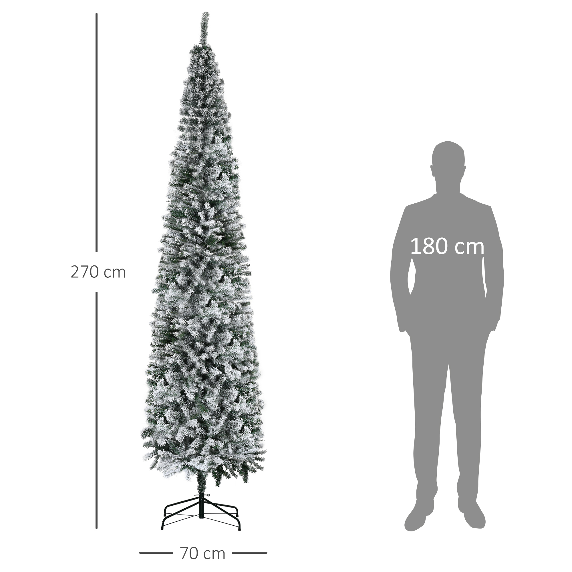 Un árbol de Navidad artificial y delgado con nieve, de 270 cm de alto, junto a una silueta humana de 180 cm.