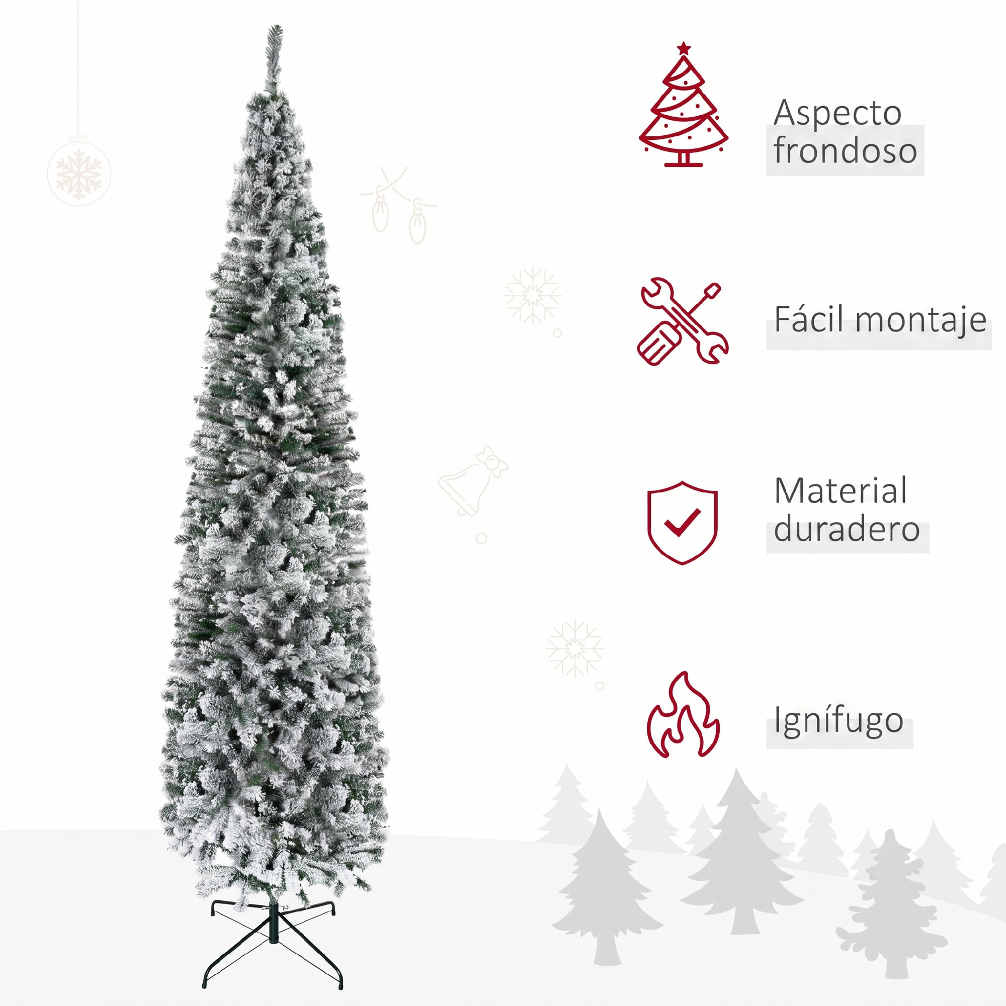 Árbol de Navidad artificial flaco y nevado con cuatro iconos de características.