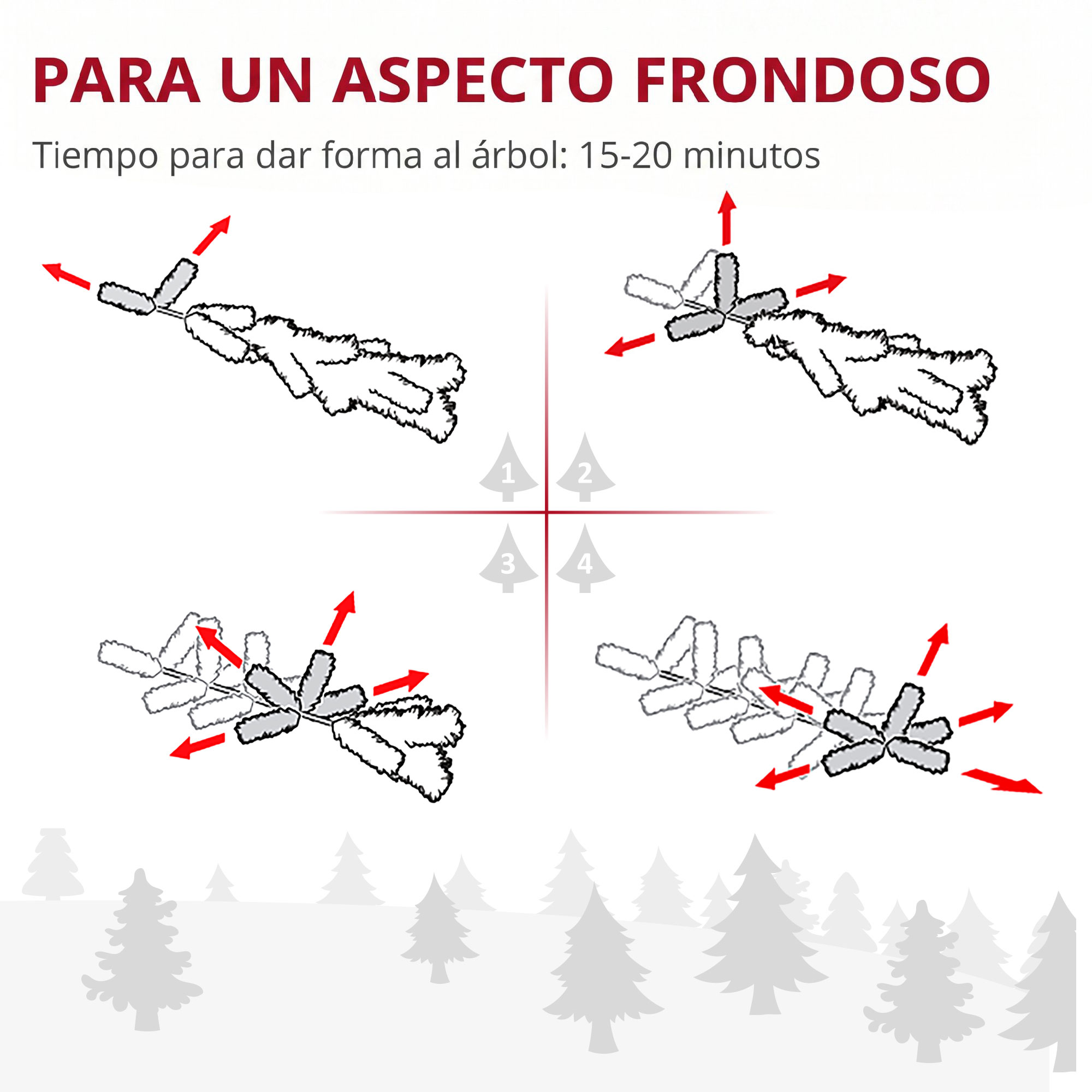 Guía de modelado de árboles con cuatro pasos y flechas rojas para un aspecto frondoso.