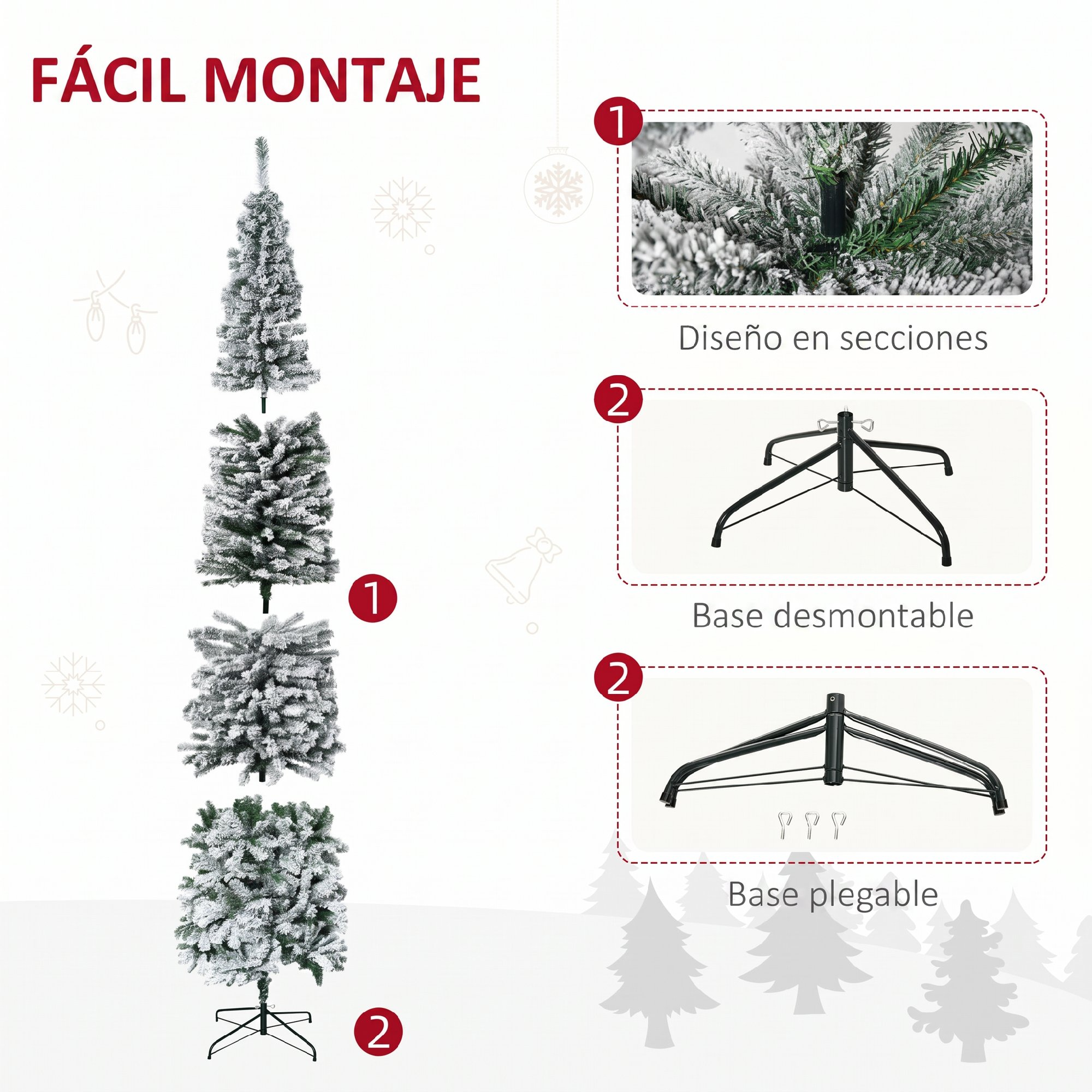 Diagrama que muestra el fácil montaje de un árbol de Navidad artificial con diseño seccional y base plegable.