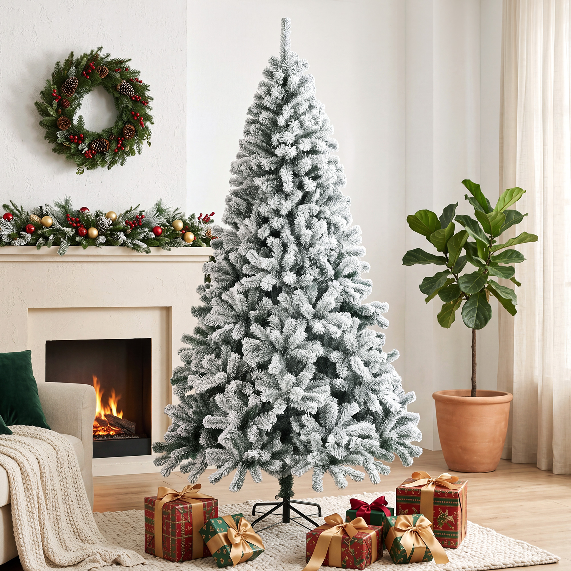Un árbol de Navidad nevado en una sala de estar con chimenea, regalos y una planta en maceta.