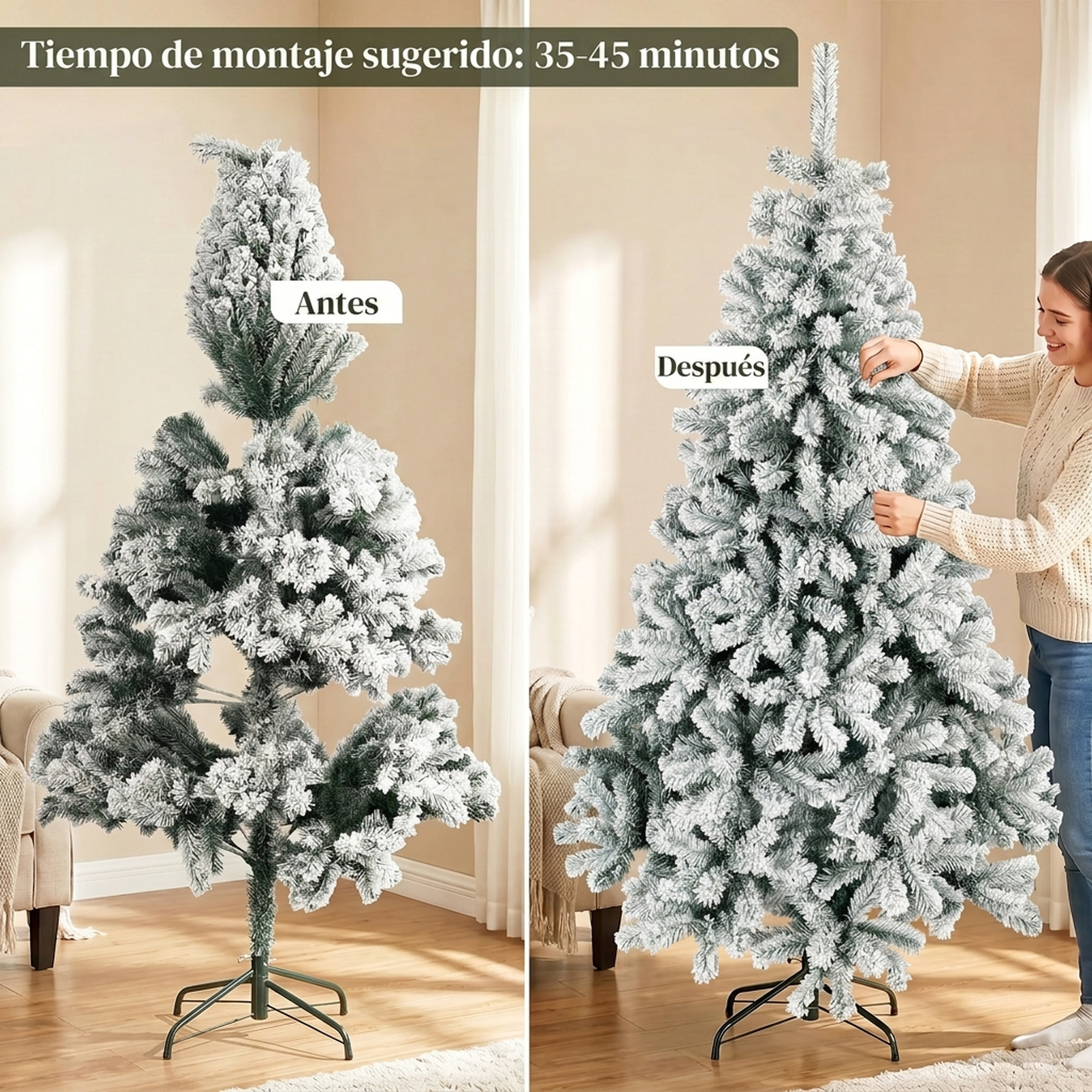 Comparación de antes y después mostrando el montaje de un árbol de Navidad artificial nevado.