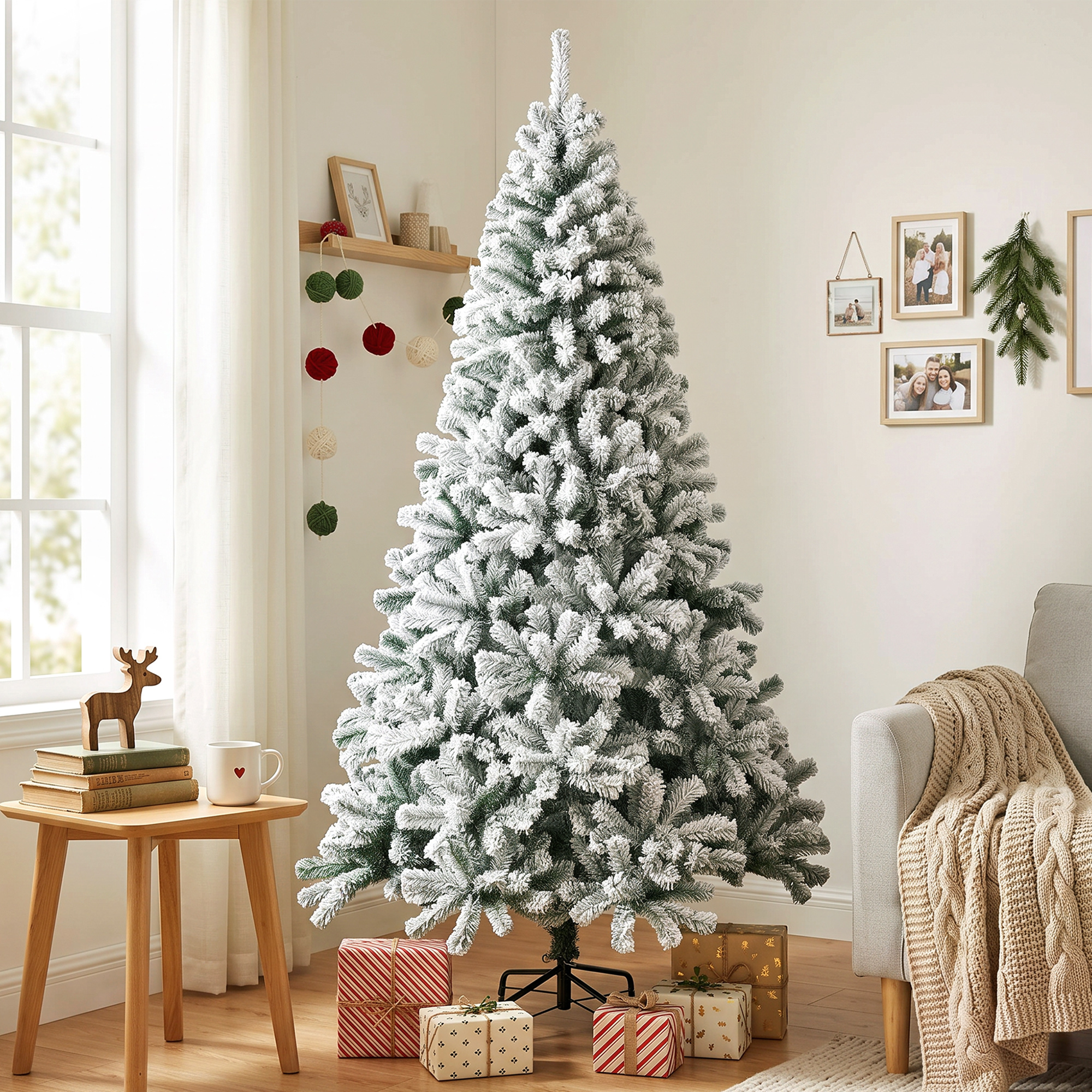 Un árbol de Navidad blanco flocado se encuentra en una sala de estar con regalos debajo.