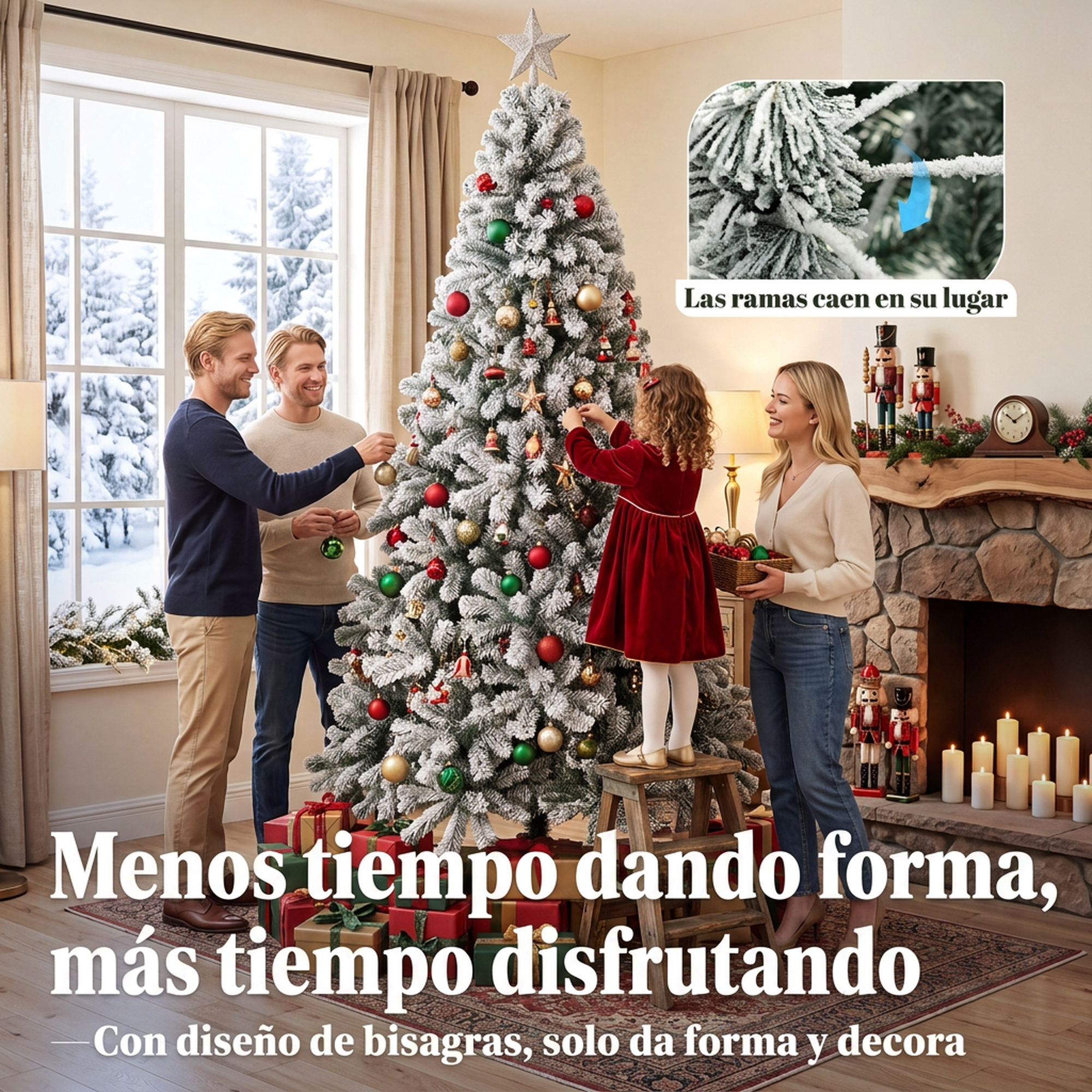 Una familia decora un árbol de Navidad nevado en una sala, con chimenea y texto en español.