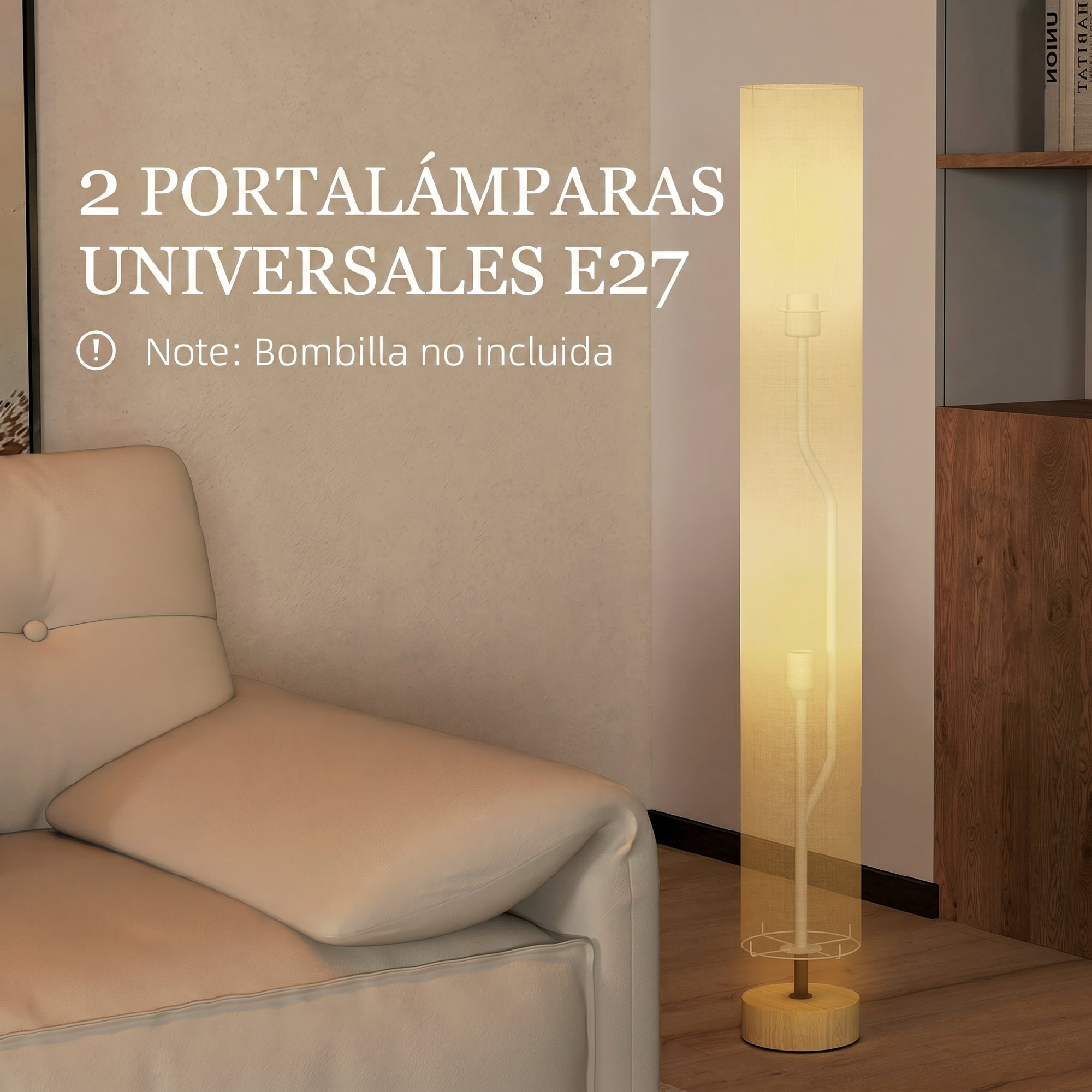 Una lámpara de pie de tela beige junto a un sofá en una sala de estar, con texto blanco.