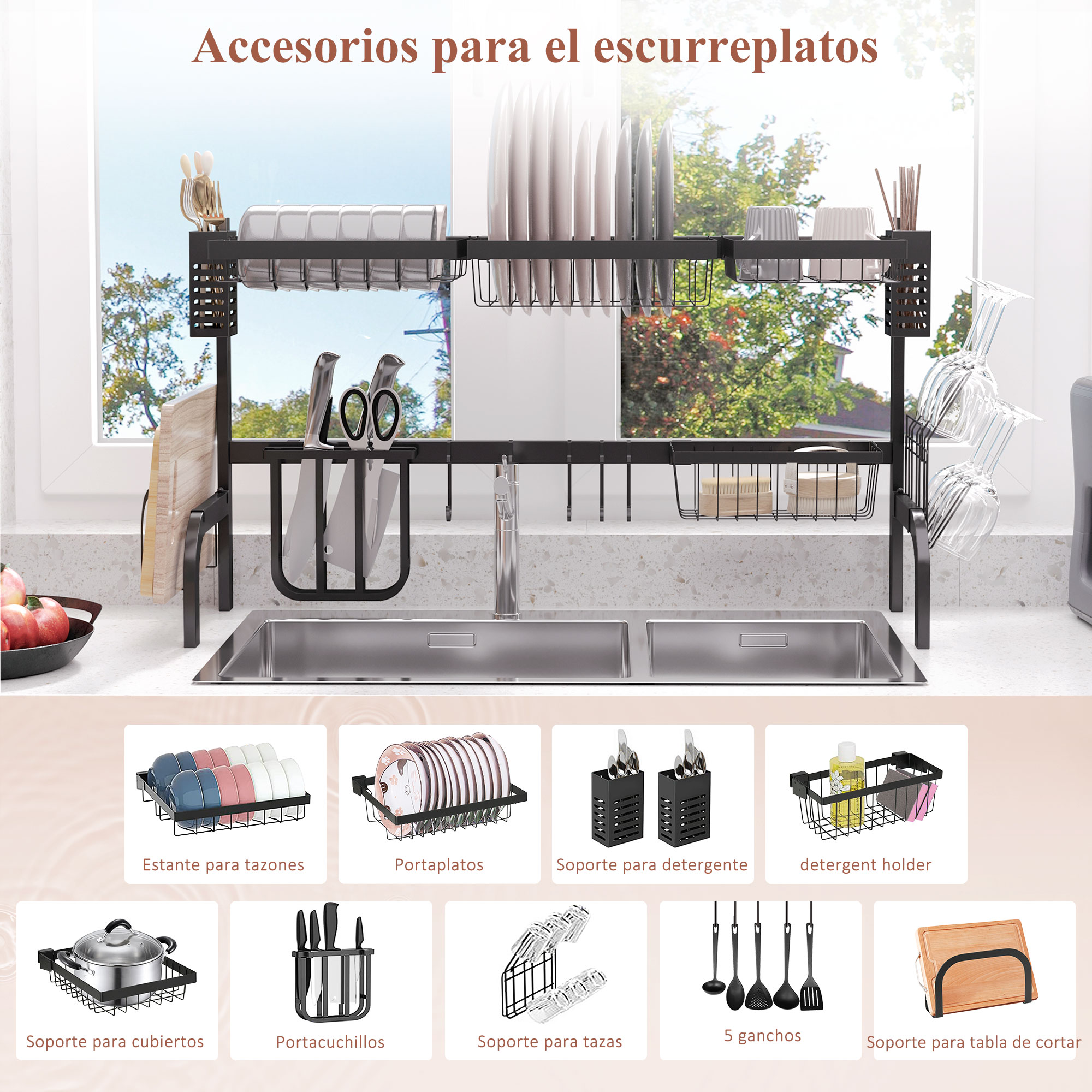 Escurriplatos negro sobre el fregadero con platos, cuencos y accesorios.