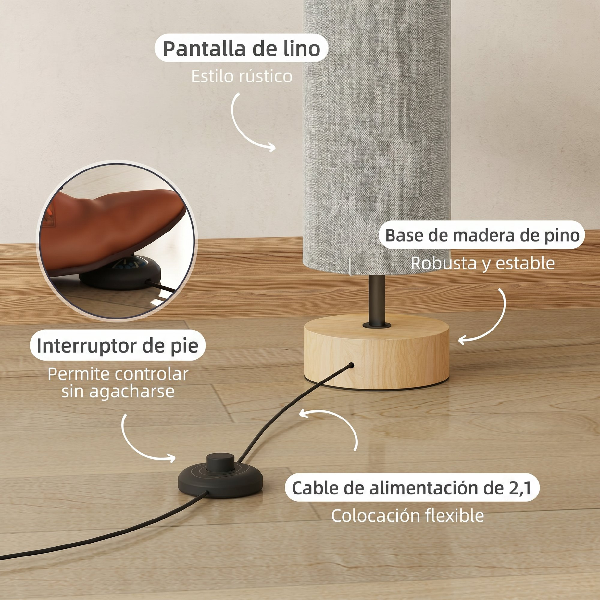 Una lámpara con pantalla de lino, base de madera y un interruptor de pie en el suelo siendo presionado.