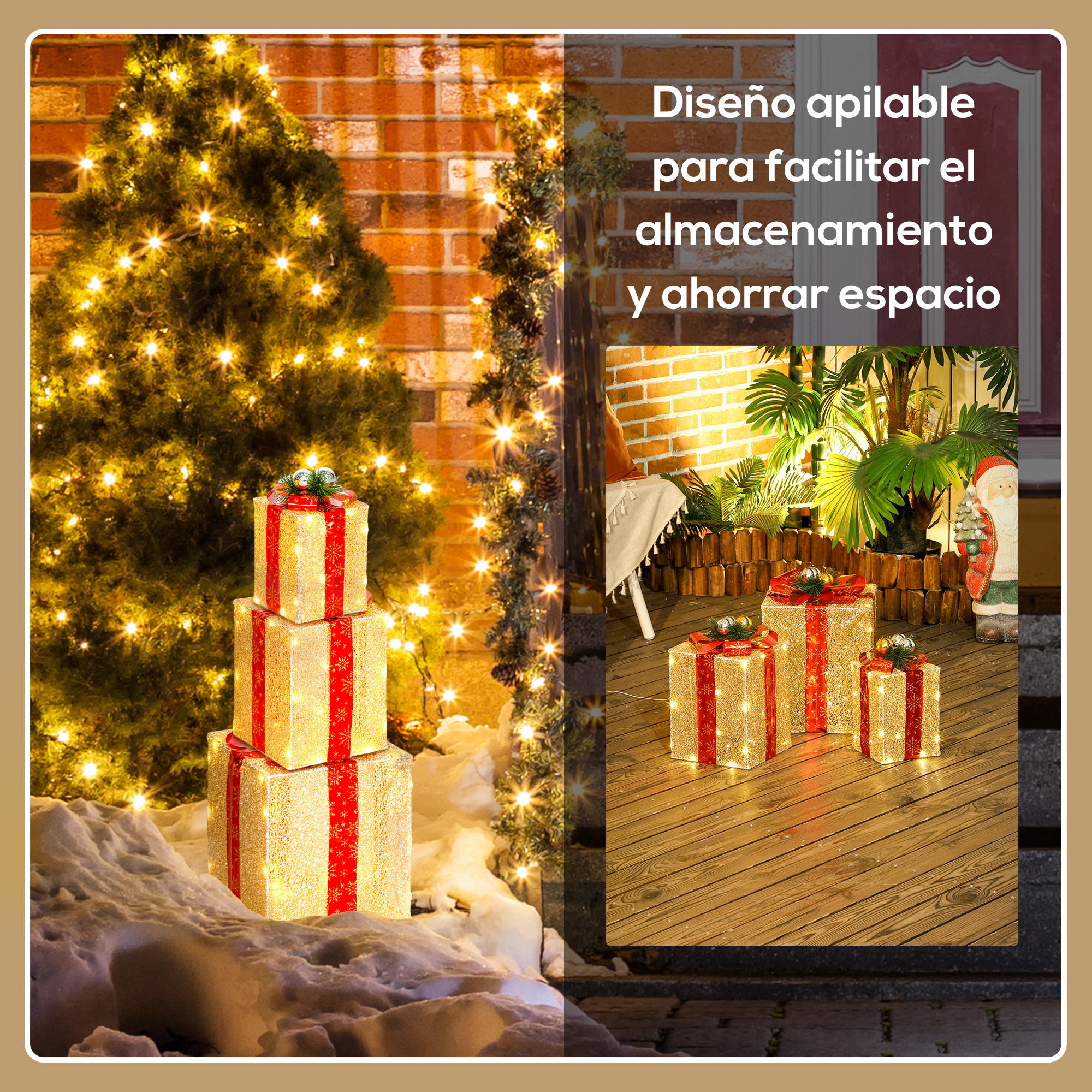 Cajas de regalo iluminadas y apilables con lazos rojos en un ambiente navideño.