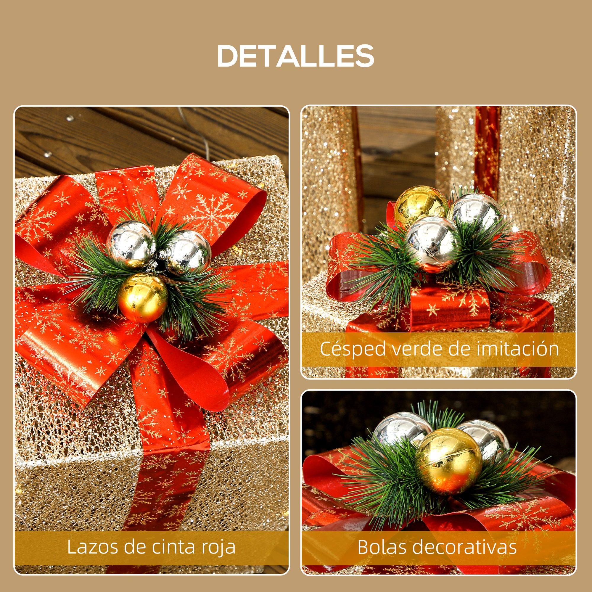 Regalo de Navidad dorado con gran lazo rojo, pino verde y bolas navideñas brillantes.