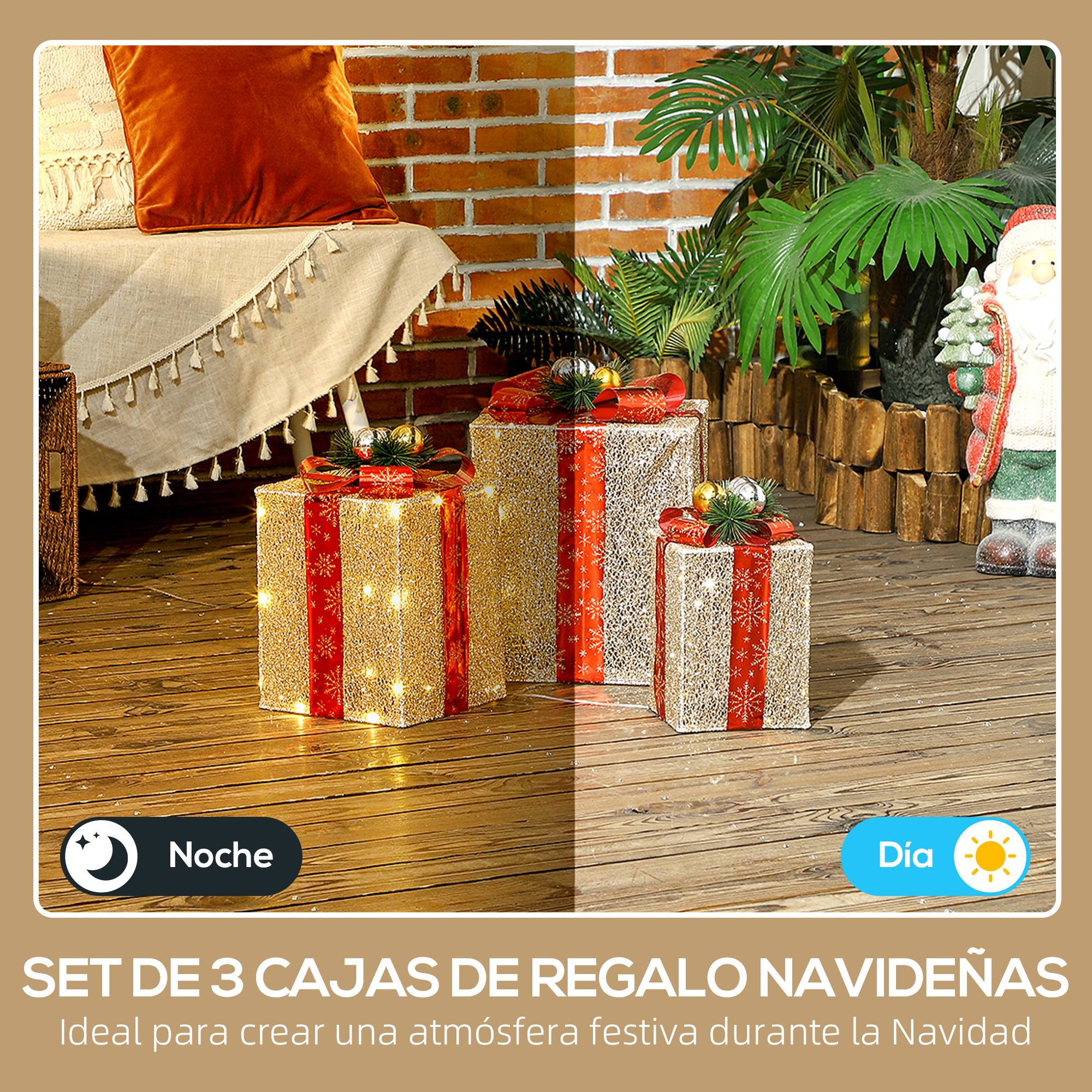 Tres cajas de regalo navideñas doradas e iluminadas con lazos rojos sobre un piso de madera frente a una pared de ladrillo.