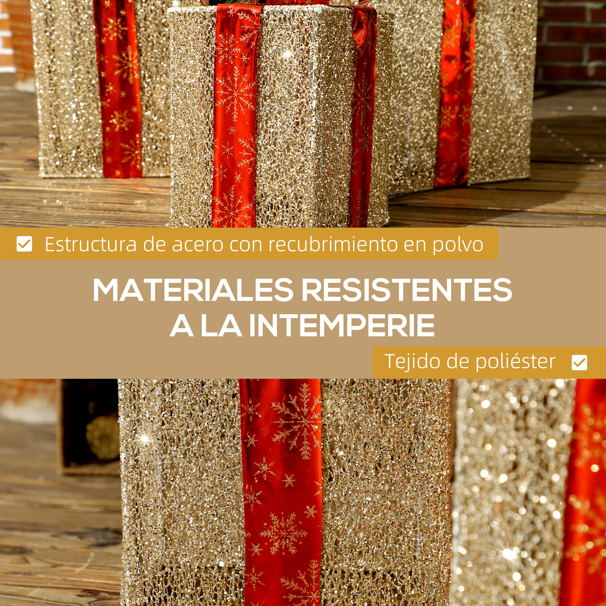 Cajas de regalo doradas y brillantes con lazos rojos sobre suelo de madera, con texto superpuesto.